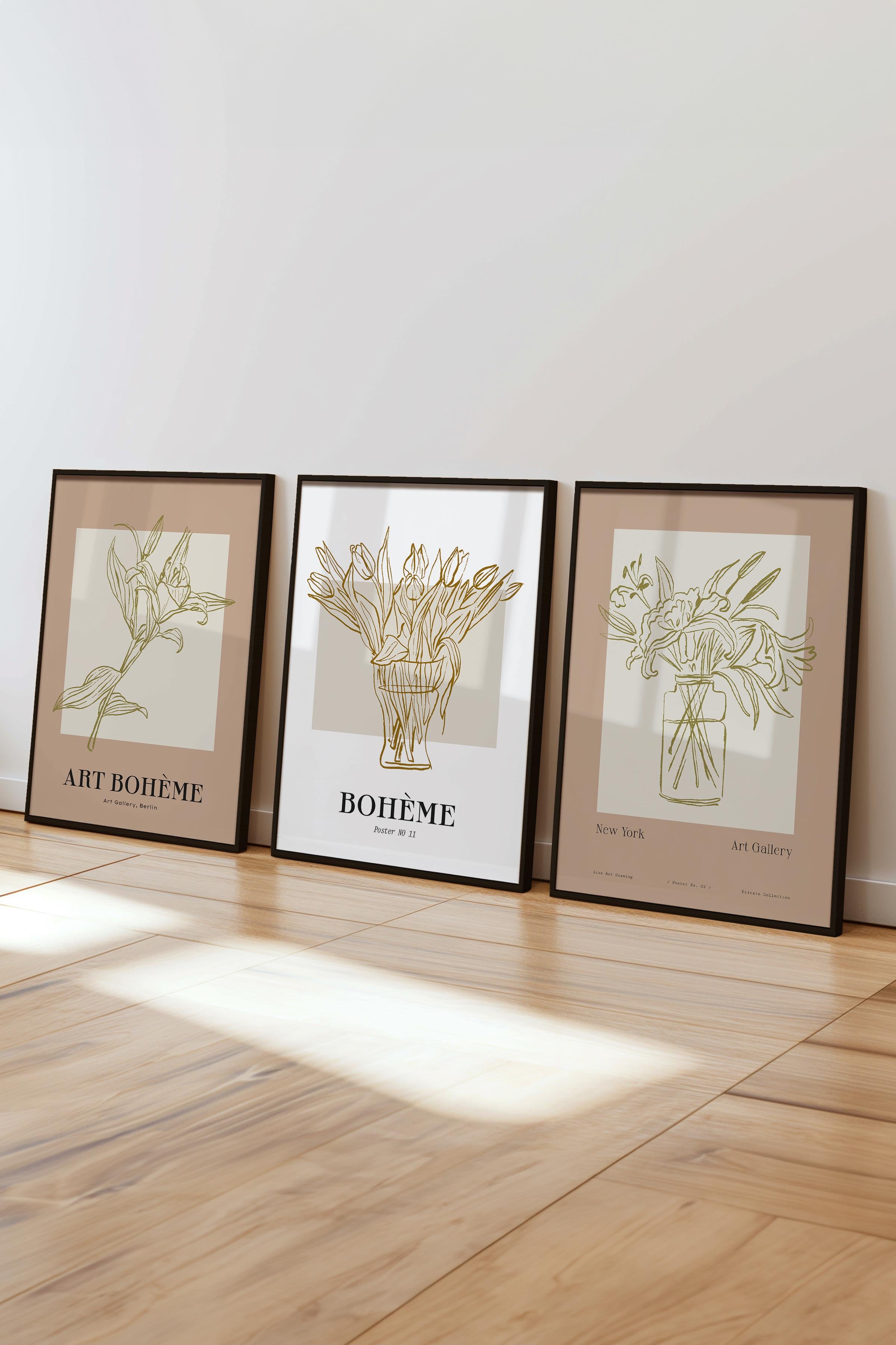 Çerçeveli Tablo Seti, 3 Adet Siyah Çerçeve ve Minimalist Çizim Temalı Poster Seti, No:300585