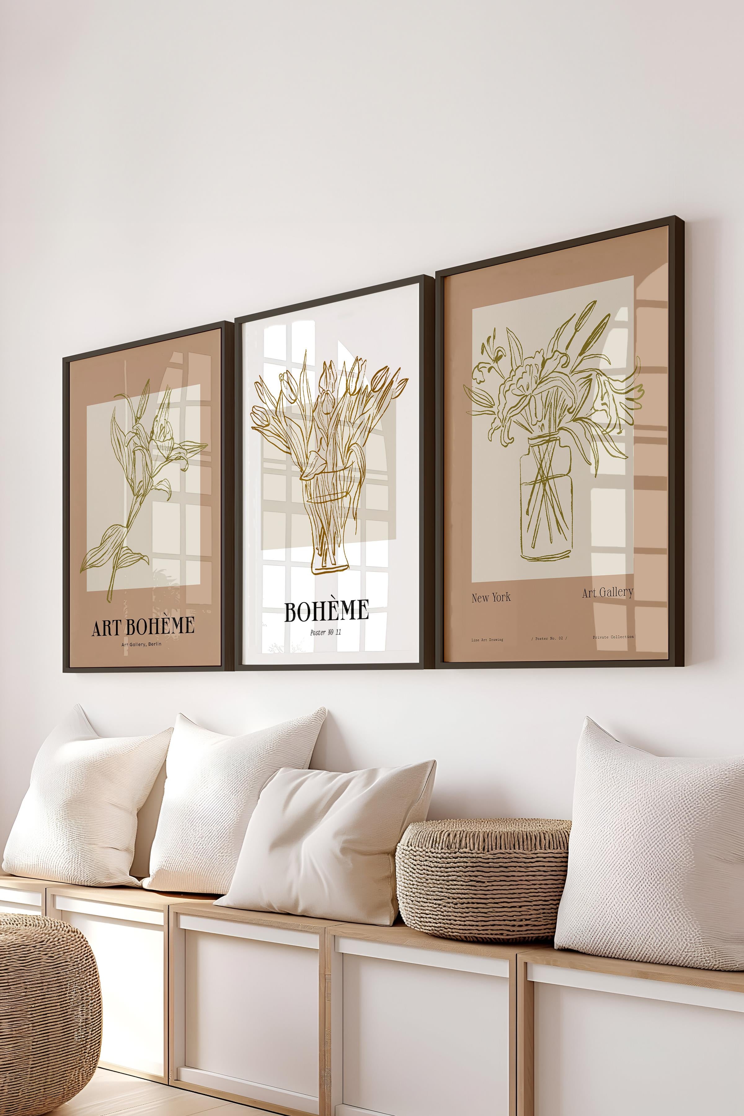 Çerçeveli Tablo Seti, 3 Adet Siyah Çerçeve ve Minimalist Çizim Temalı Poster Seti, No:300585