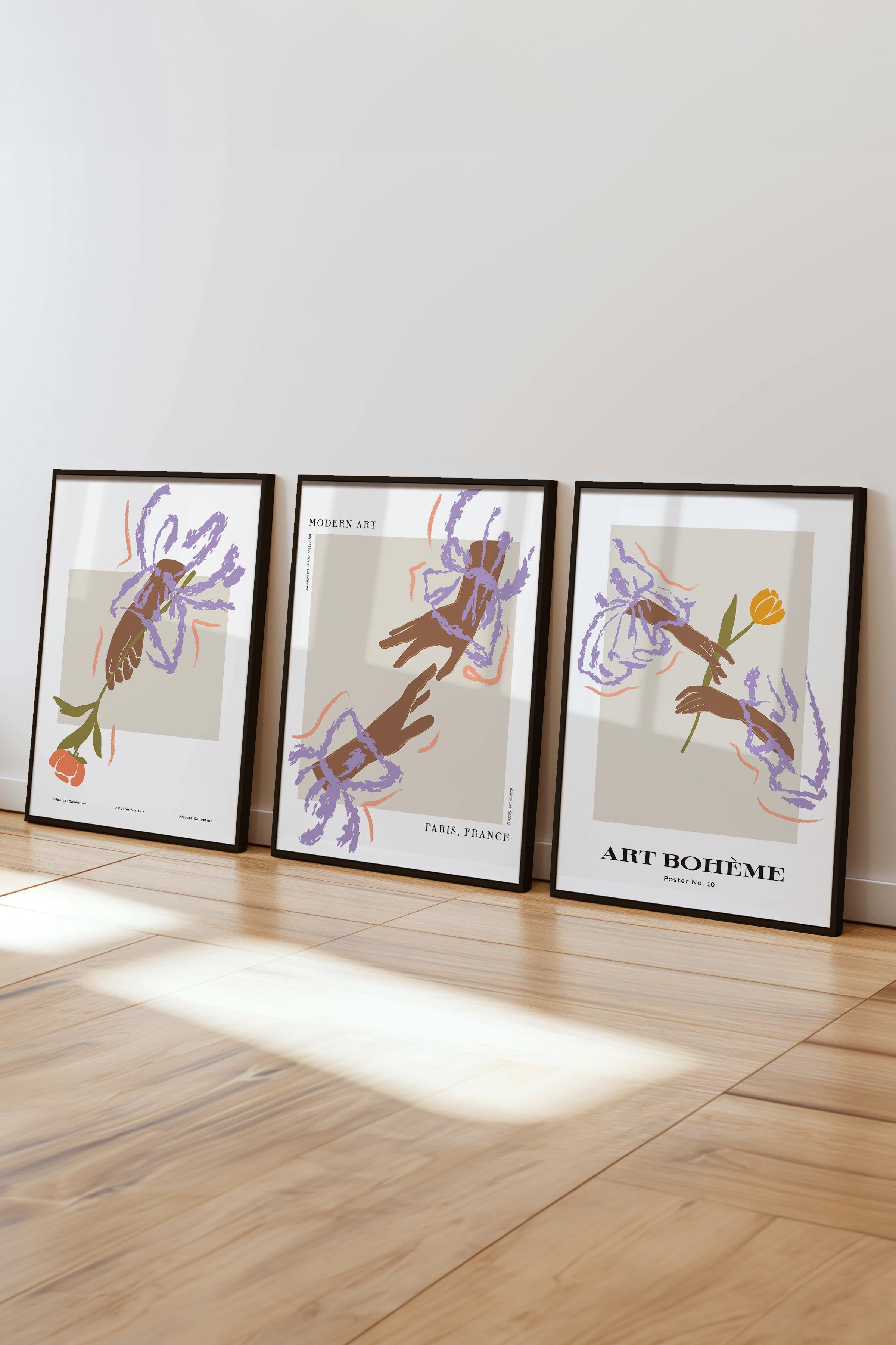 Çerçeveli Tablo Seti, 3 Adet Siyah Çerçeve ve Minimalist Çizim Temalı Poster Seti, No:300587
