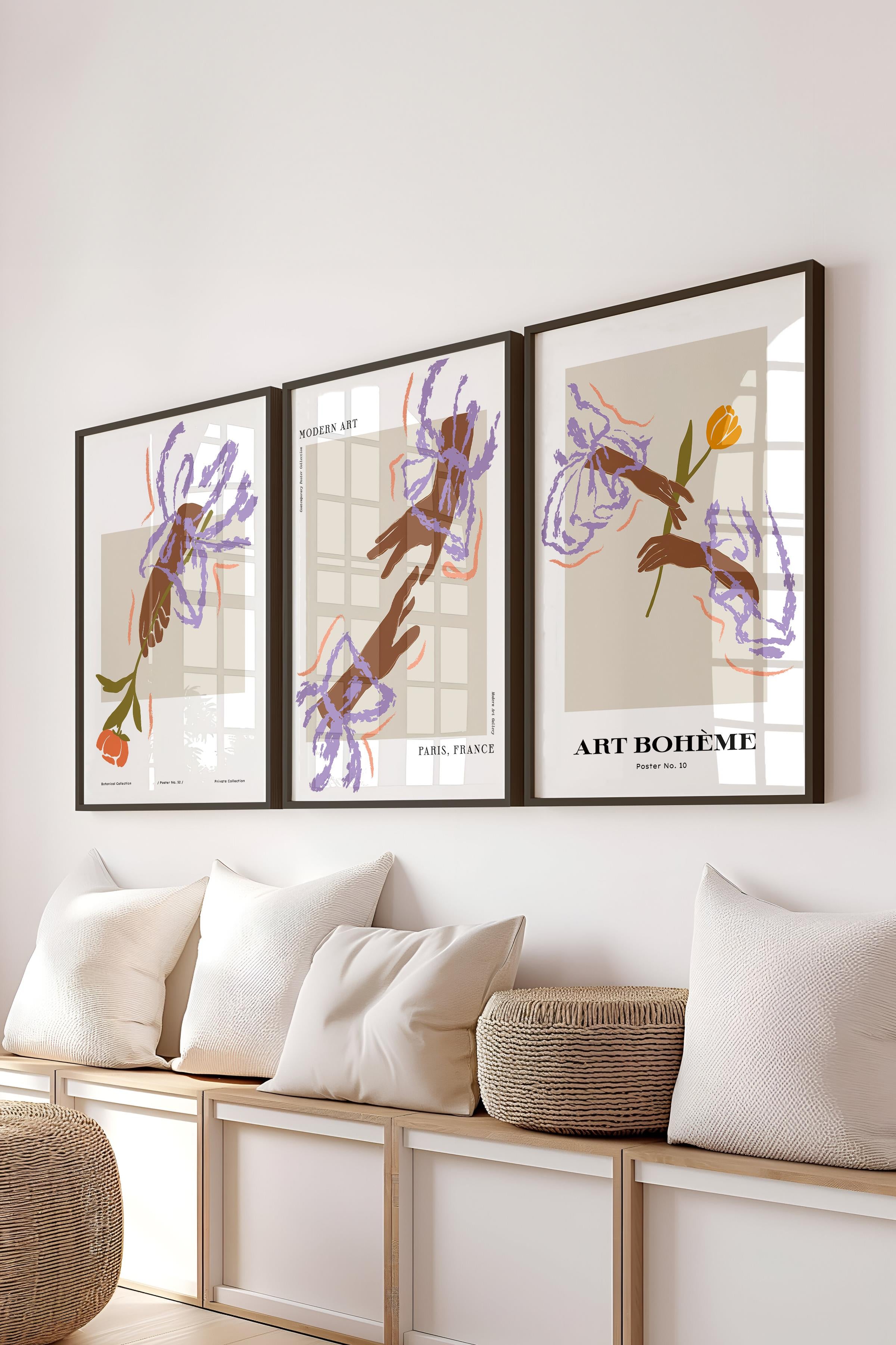 Çerçeveli Tablo Seti, 3 Adet Siyah Çerçeve ve Minimalist Çizim Temalı Poster Seti, No:300587