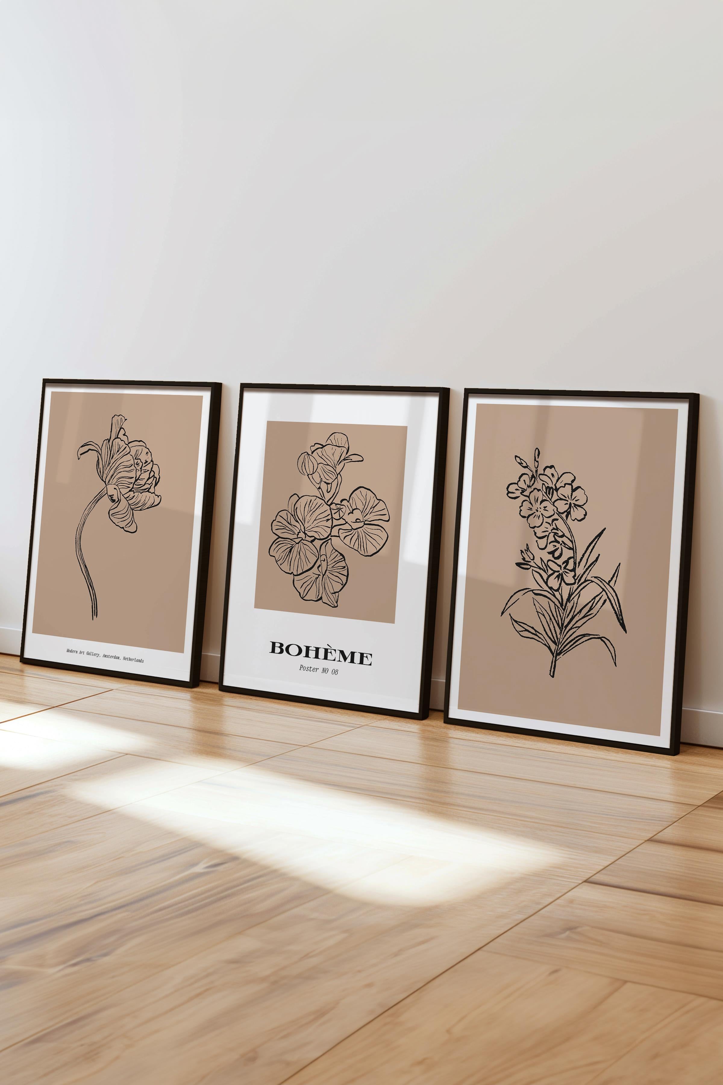 Çerçeveli Tablo Seti, 3 Adet Siyah Çerçeve ve Minimalist Çizim Temalı Poster Seti, No:300588