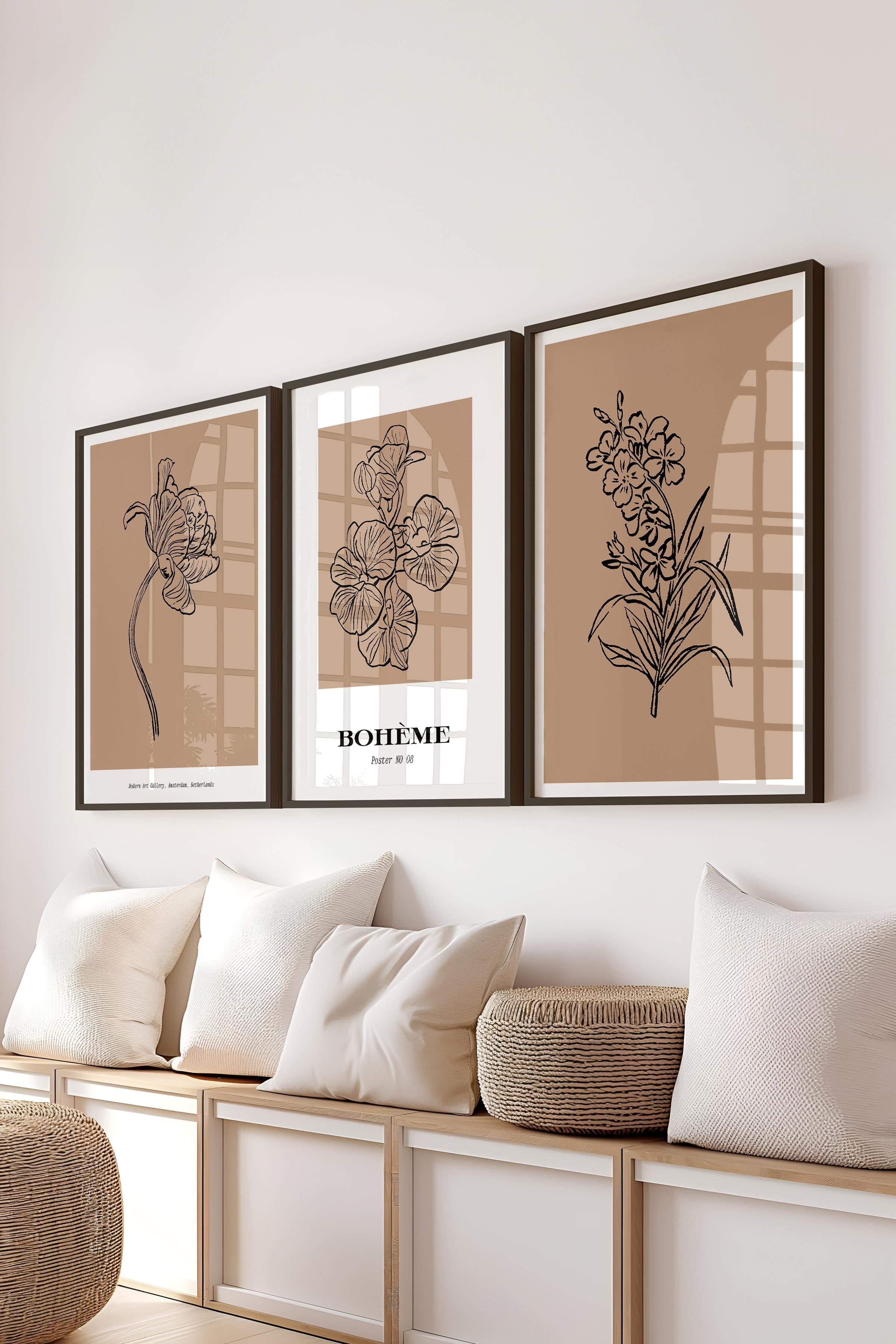 Çerçeveli Tablo Seti, 3 Adet Siyah Çerçeve ve Minimalist Çizim Temalı Poster Seti, No:300588