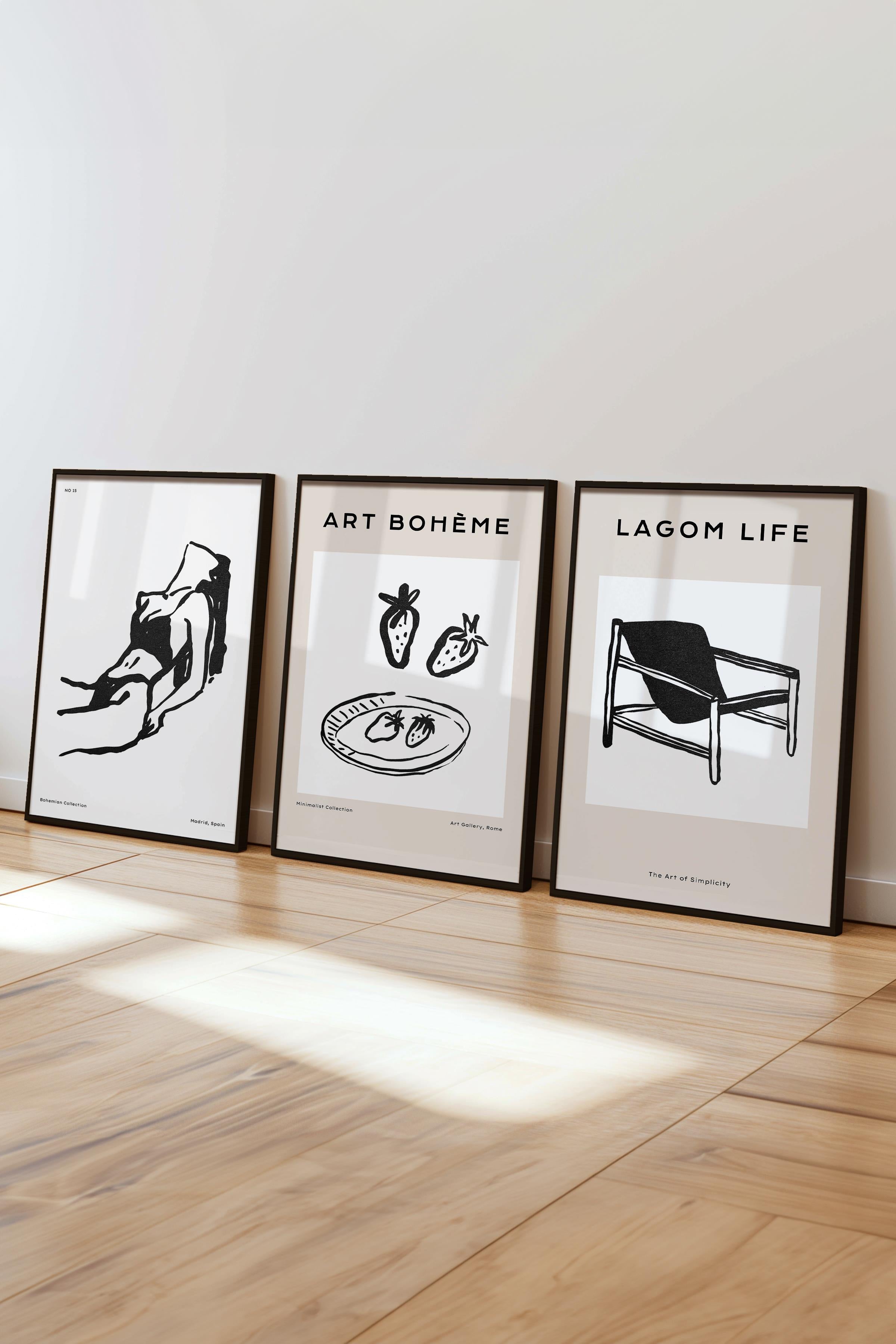 Çerçeveli Tablo Seti, 3 Adet Siyah Çerçeve ve Minimalist Çizim Temalı Poster Seti, No:300589