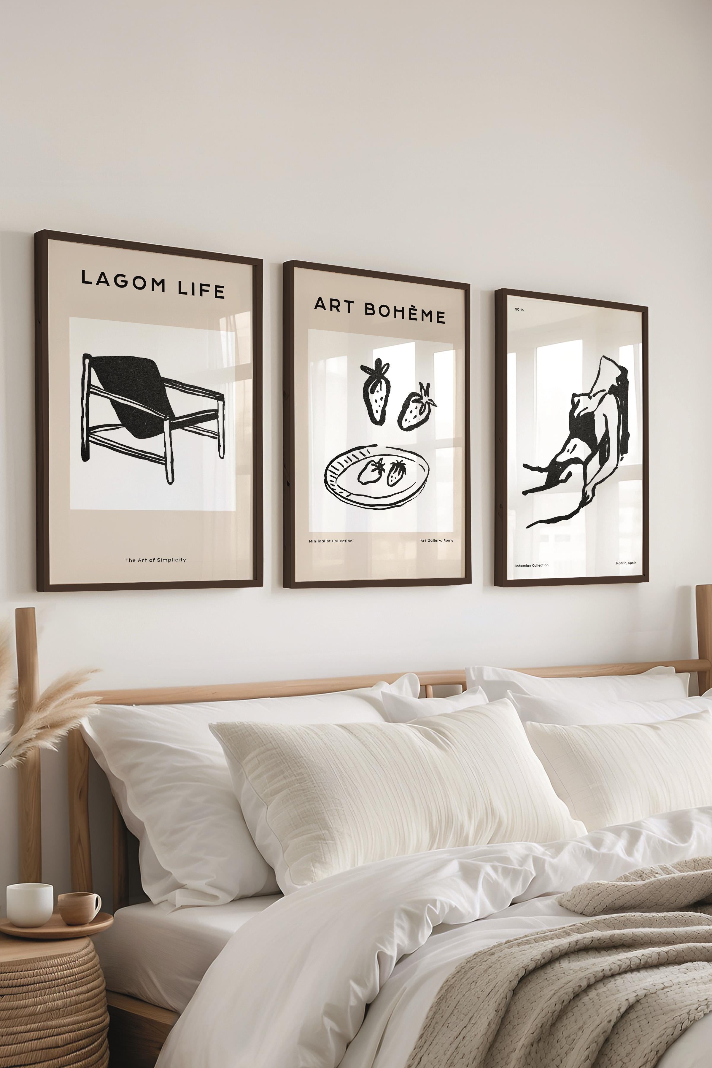 Çerçeveli Tablo Seti, 3 Adet Siyah Çerçeve ve Minimalist Çizim Temalı Poster Seti, No:300589