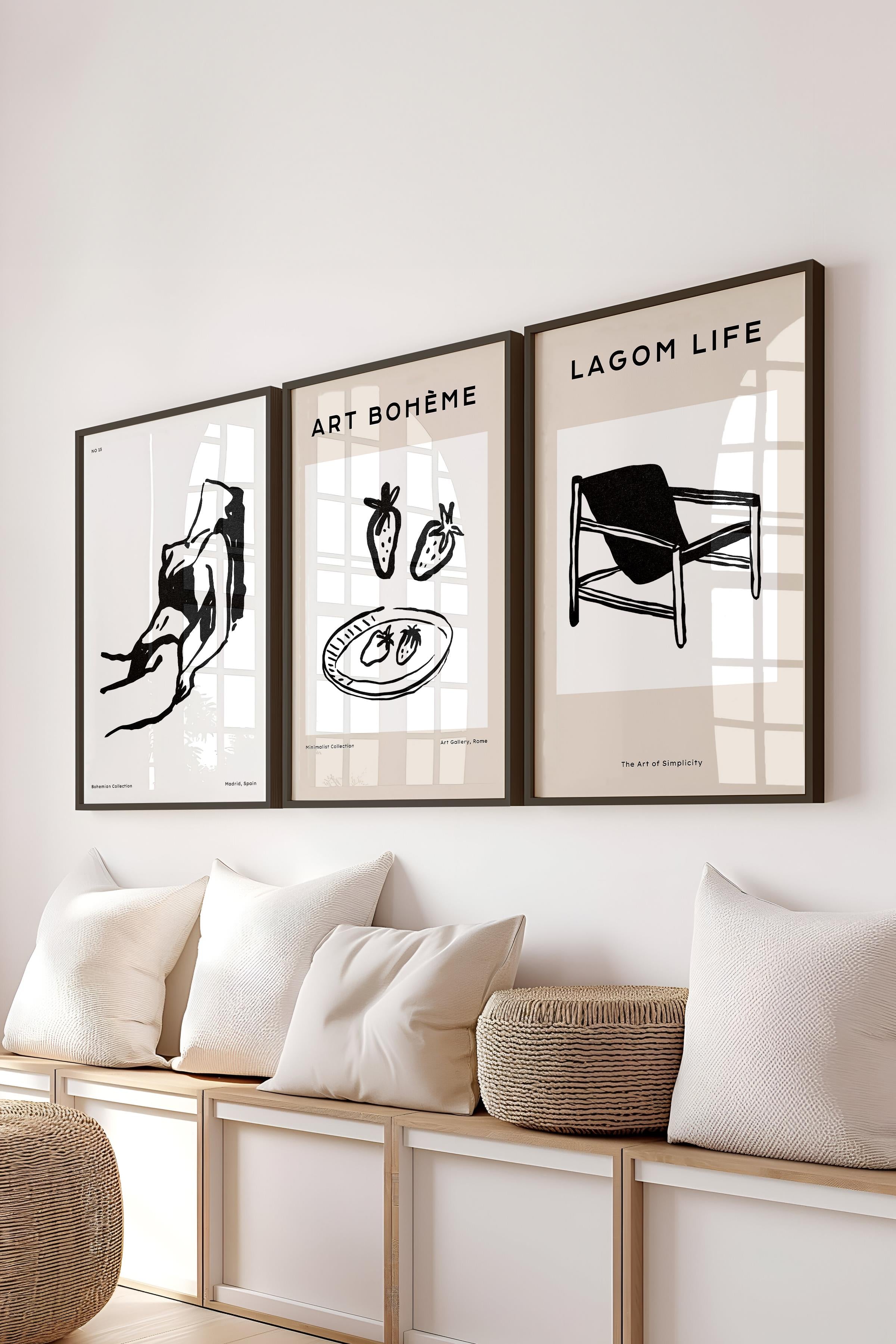 Çerçeveli Tablo Seti, 3 Adet Siyah Çerçeve ve Minimalist Çizim Temalı Poster Seti, No:300589