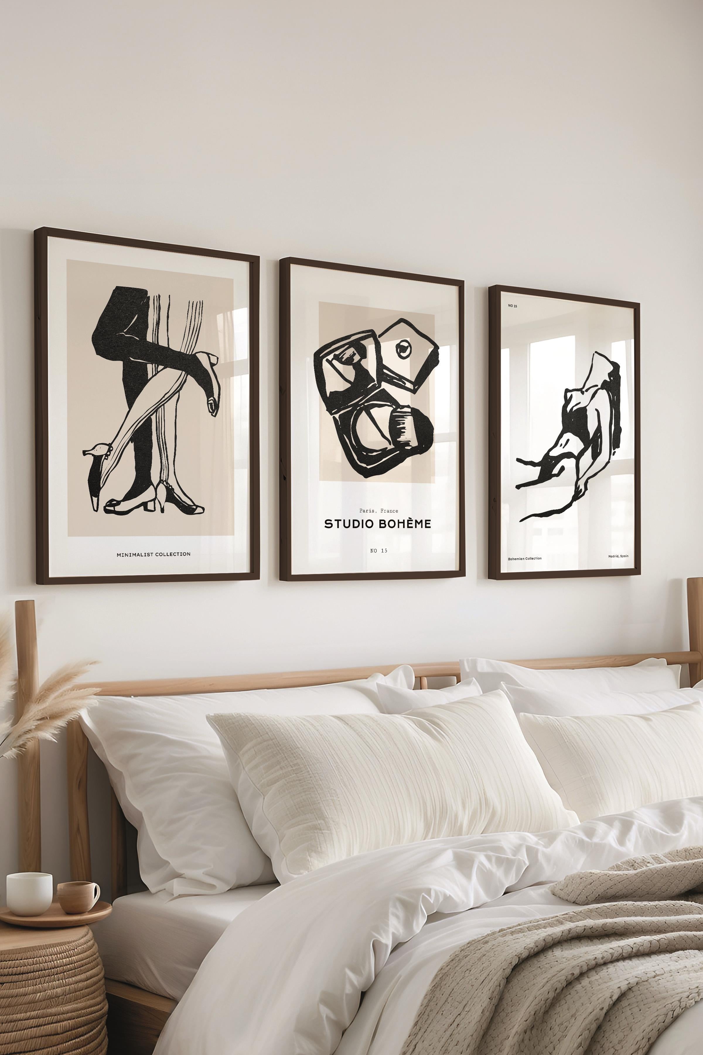 Çerçeveli Tablo Seti, 3 Adet Siyah Çerçeve ve Minimalist Çizim Temalı Poster Seti, No:300590