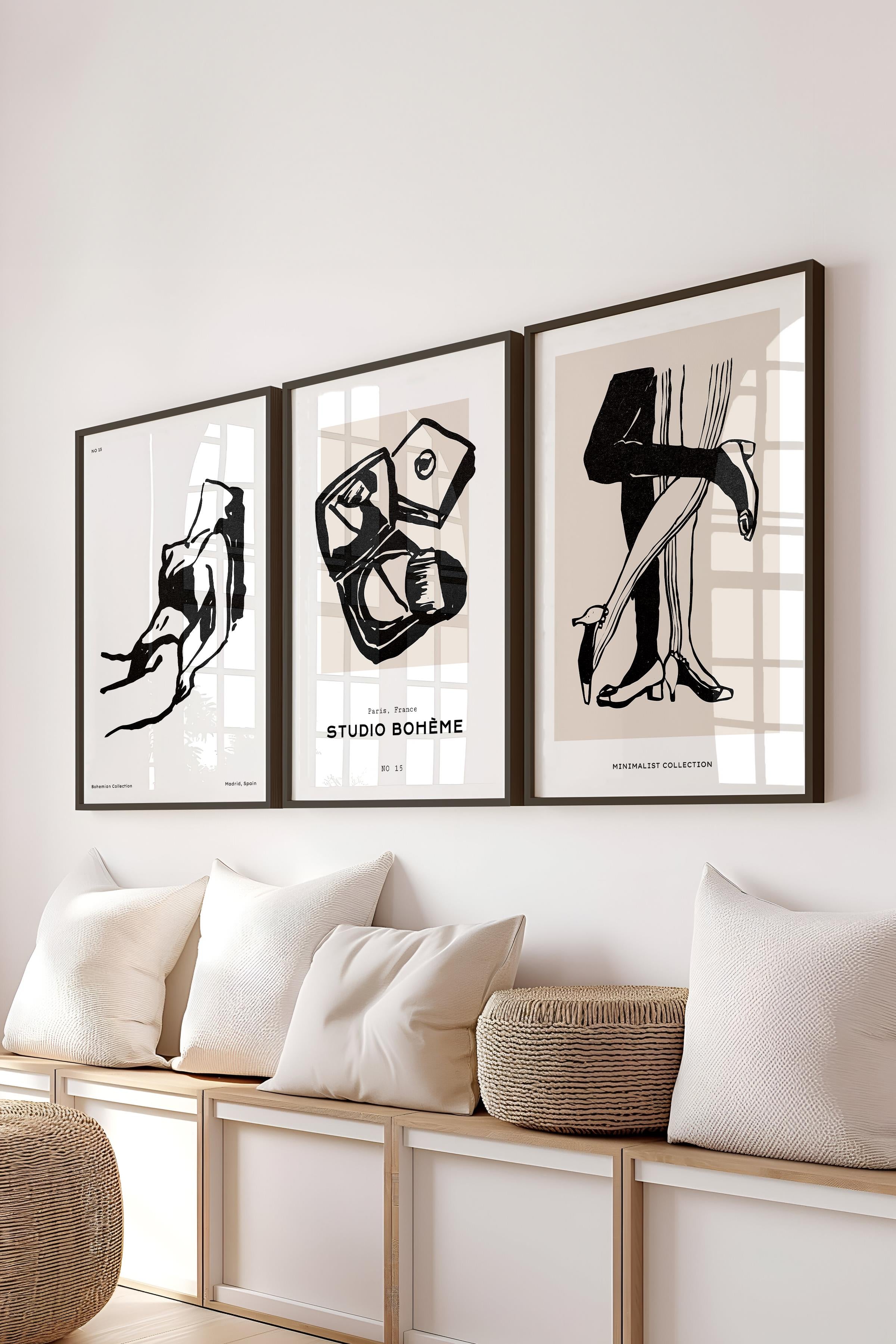 Çerçeveli Tablo Seti, 3 Adet Siyah Çerçeve ve Minimalist Çizim Temalı Poster Seti, No:300590