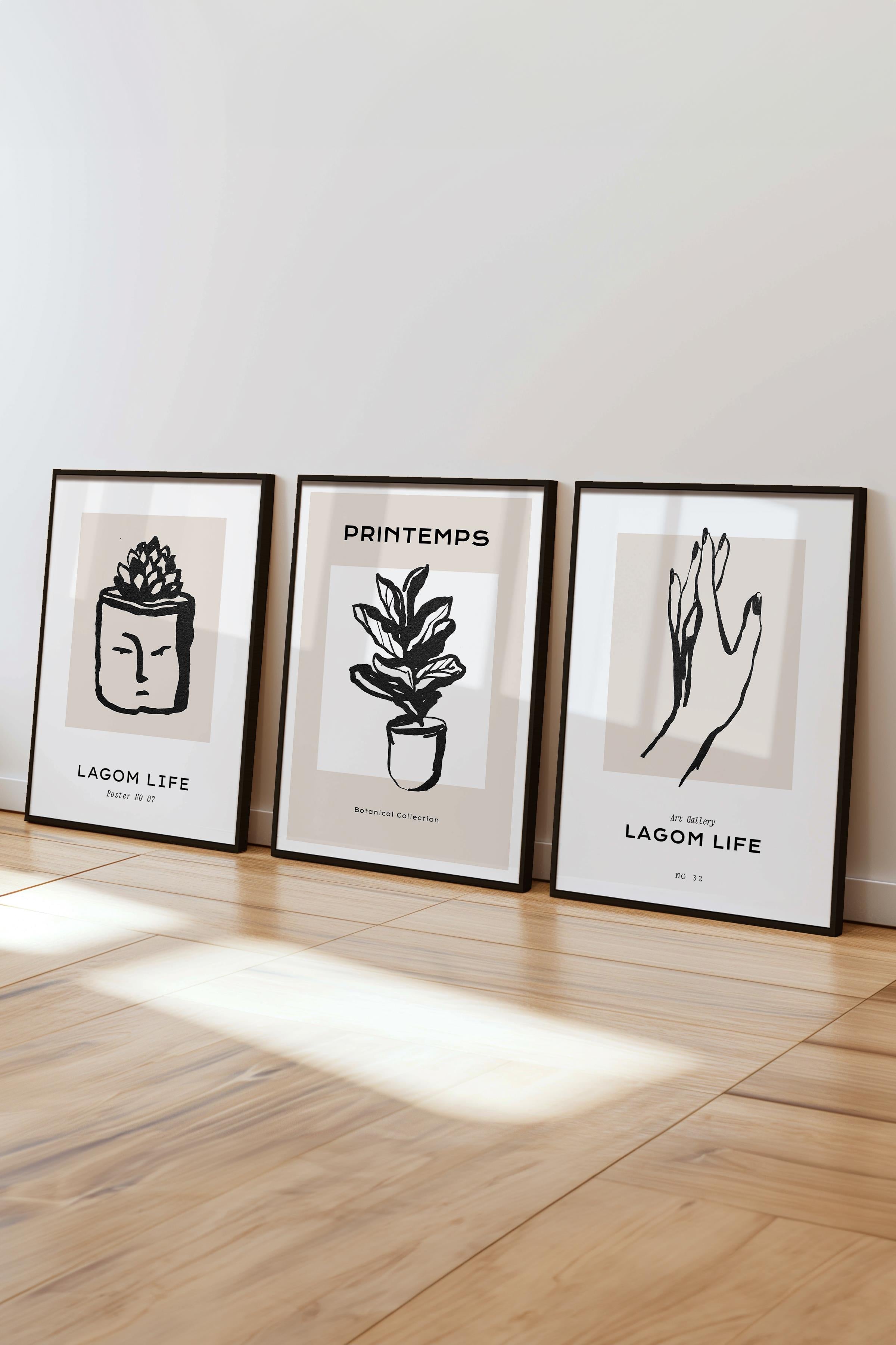 Çerçeveli Tablo Seti, 3 Adet Siyah Çerçeve ve Minimalist Çizim Temalı Poster Seti, No:300591