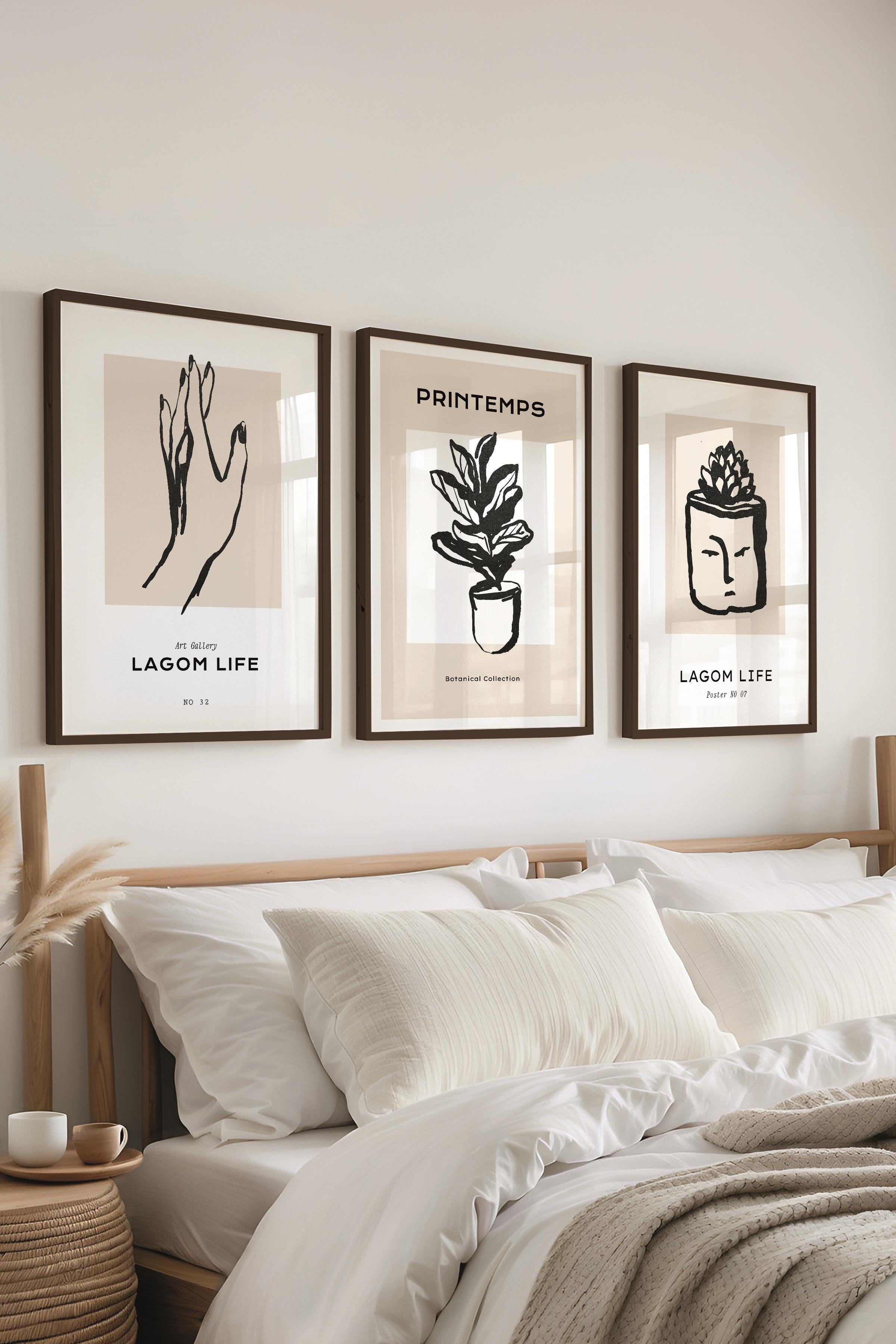 Çerçeveli Tablo Seti, 3 Adet Siyah Çerçeve ve Minimalist Çizim Temalı Poster Seti, No:300591