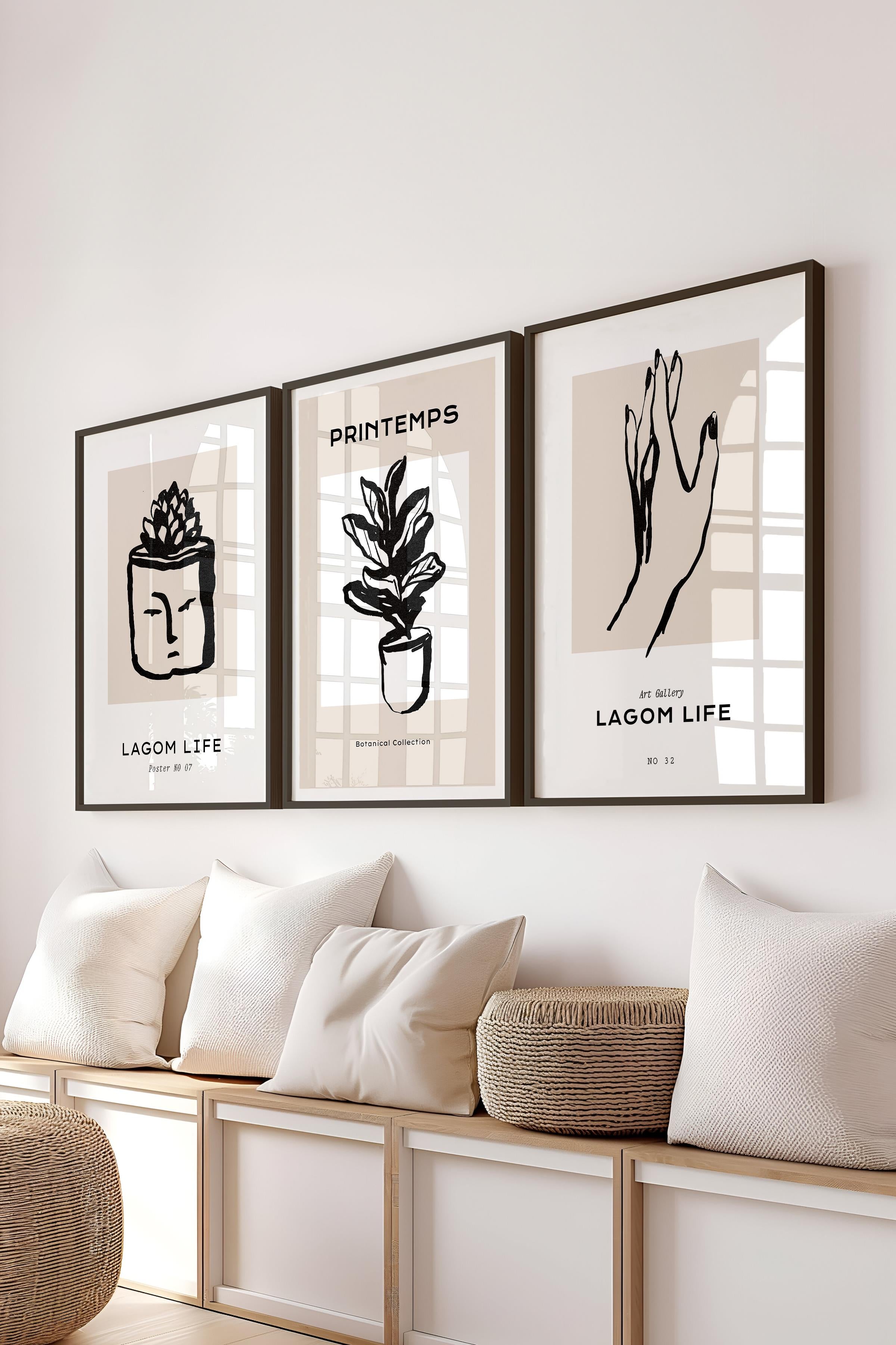 Çerçeveli Tablo Seti, 3 Adet Siyah Çerçeve ve Minimalist Çizim Temalı Poster Seti, No:300591
