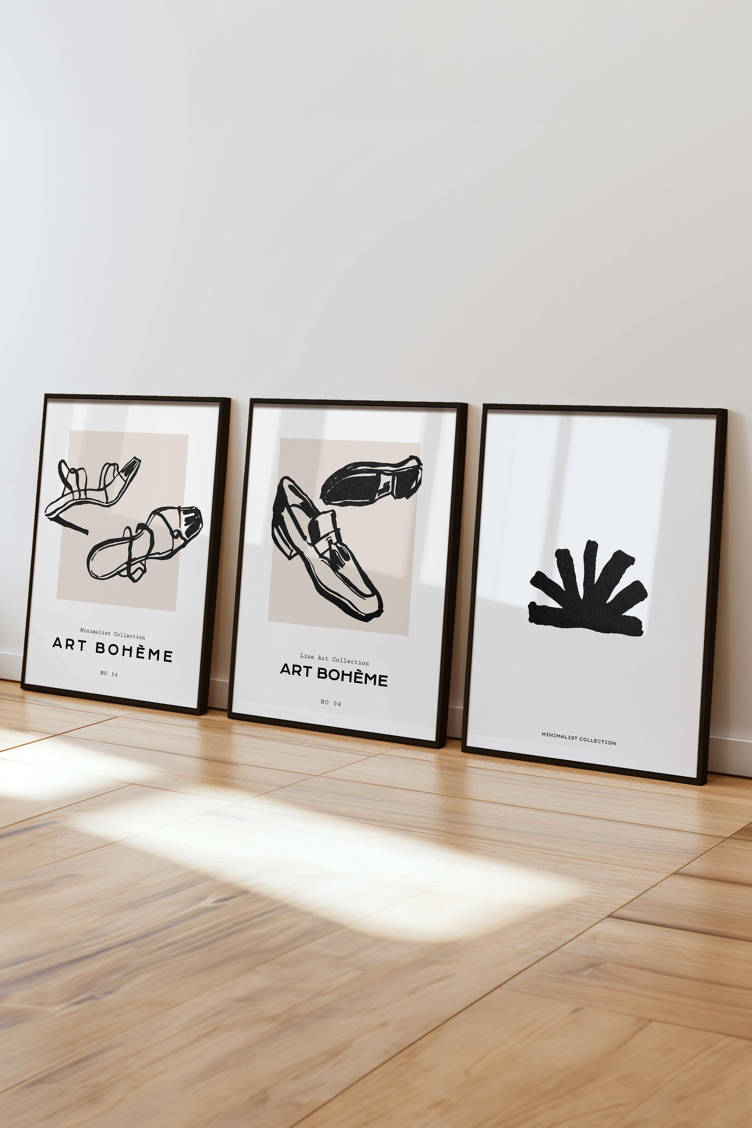 Çerçeveli Tablo Seti, 3 Adet Siyah Çerçeve ve Minimalist Çizim Temalı Poster Seti, No:300592