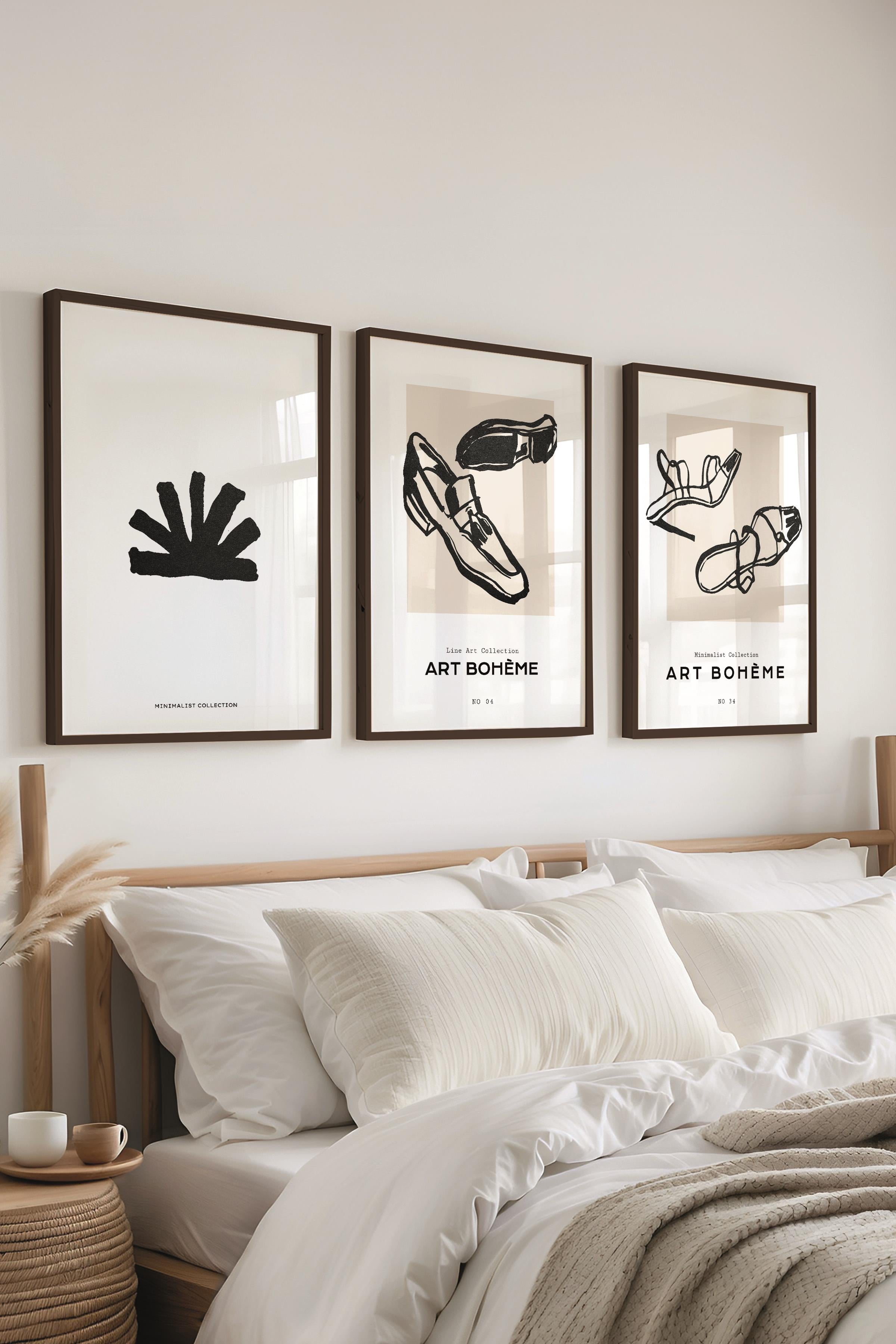 Çerçeveli Tablo Seti, 3 Adet Siyah Çerçeve ve Minimalist Çizim Temalı Poster Seti, No:300592