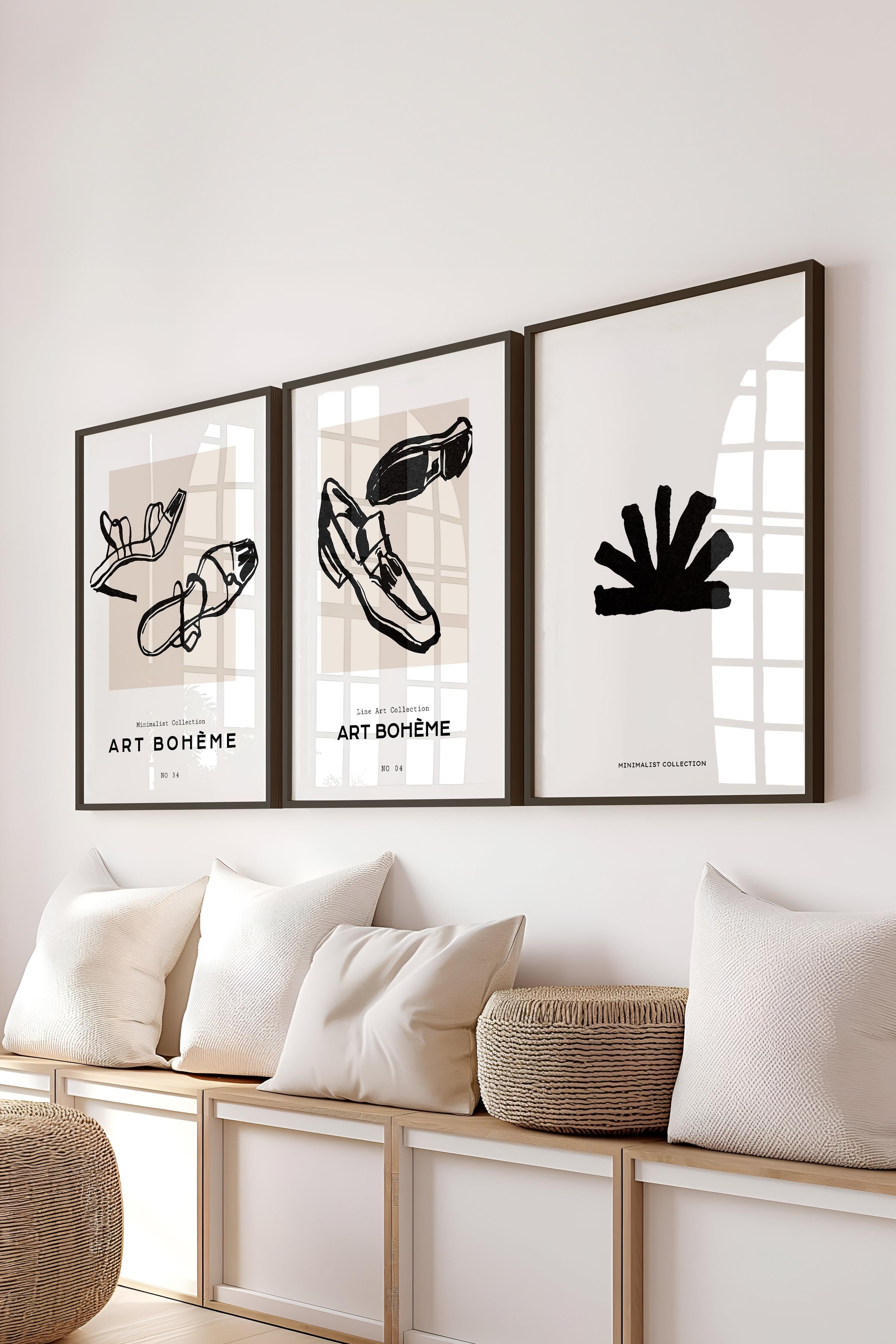 Çerçeveli Tablo Seti, 3 Adet Siyah Çerçeve ve Minimalist Çizim Temalı Poster Seti, No:300592