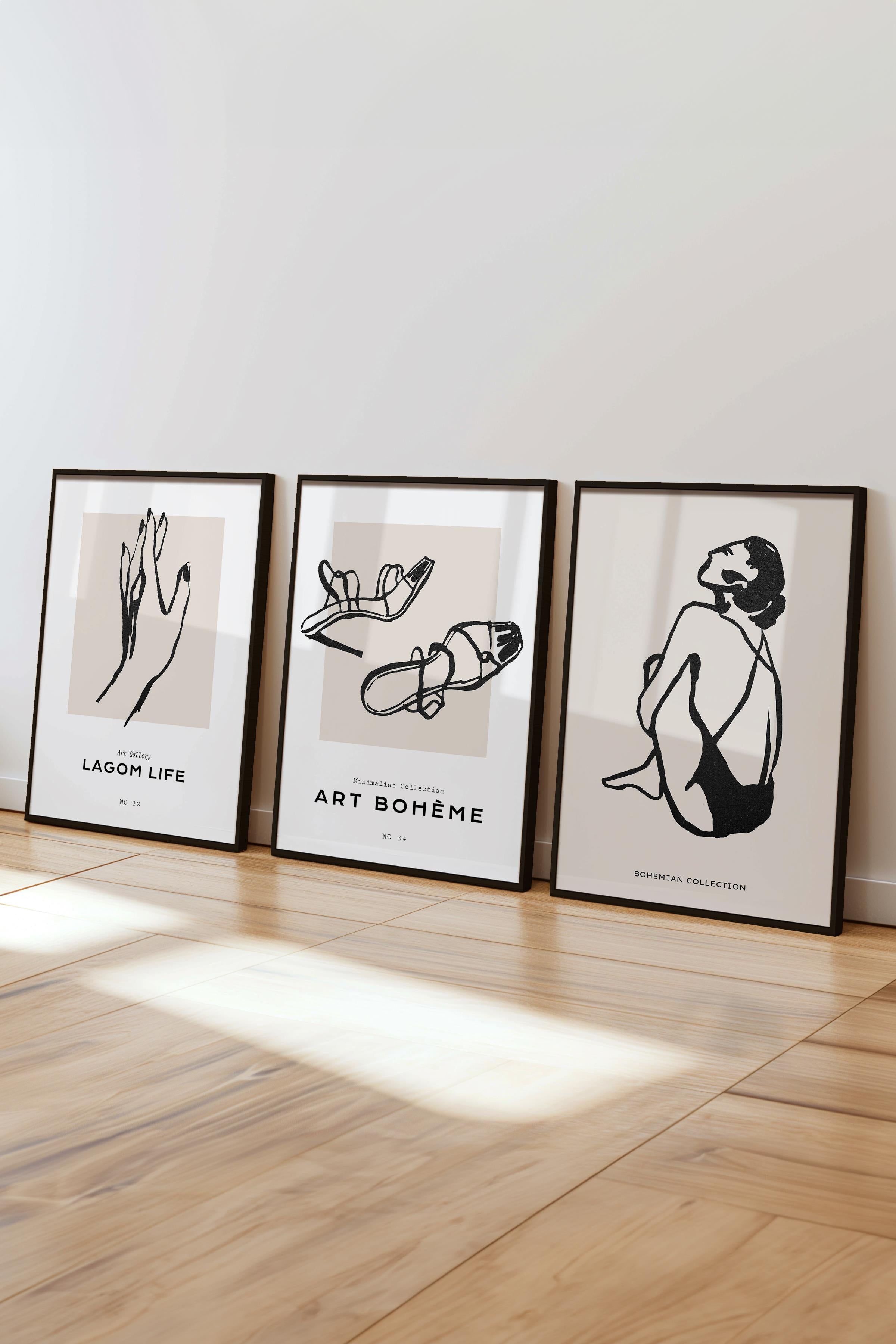 Çerçeveli Tablo Seti, 3 Adet Siyah Çerçeve ve Minimalist Çizim Temalı Poster Seti, No:300593