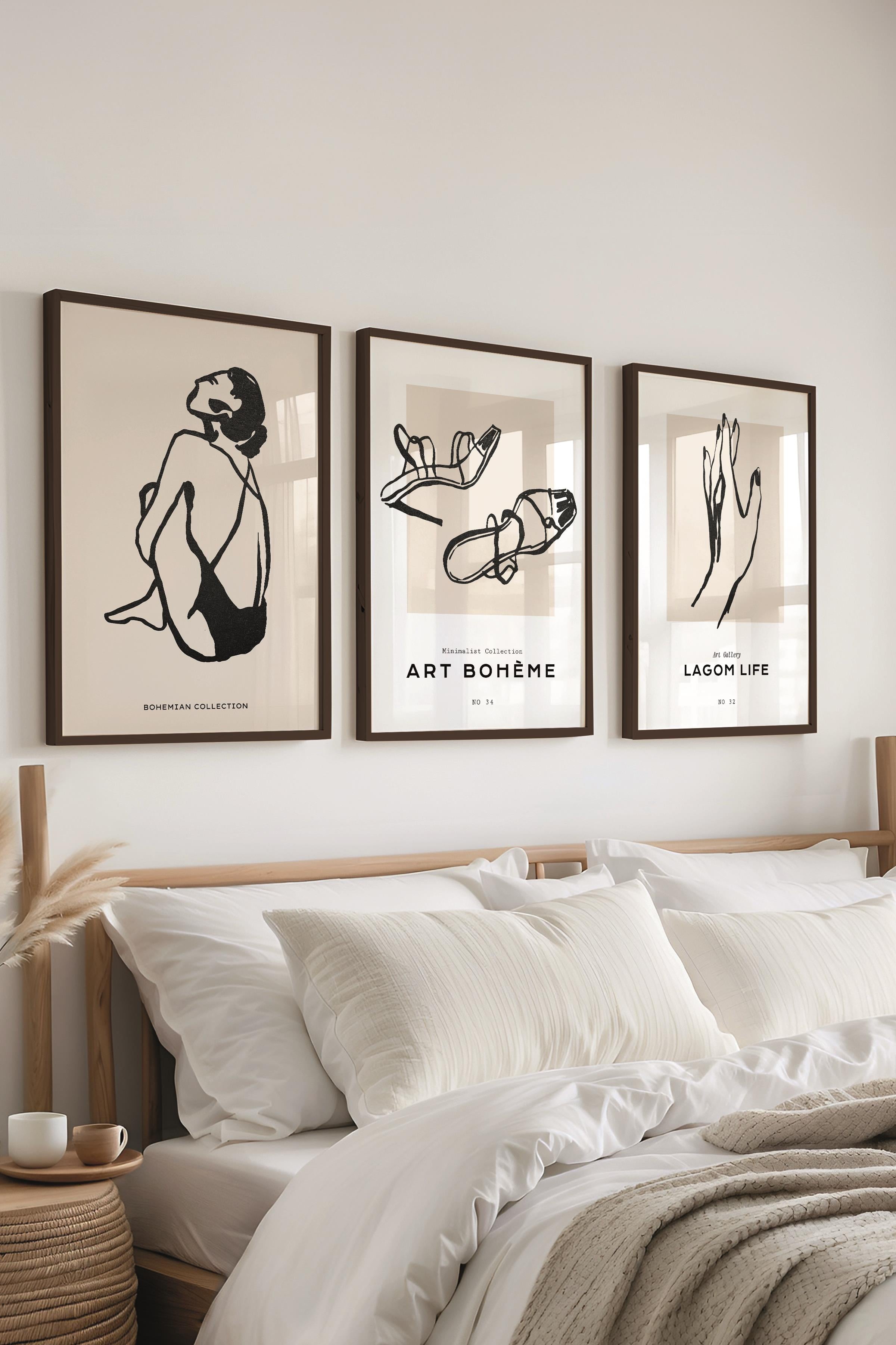 Çerçeveli Tablo Seti, 3 Adet Siyah Çerçeve ve Minimalist Çizim Temalı Poster Seti, No:300593