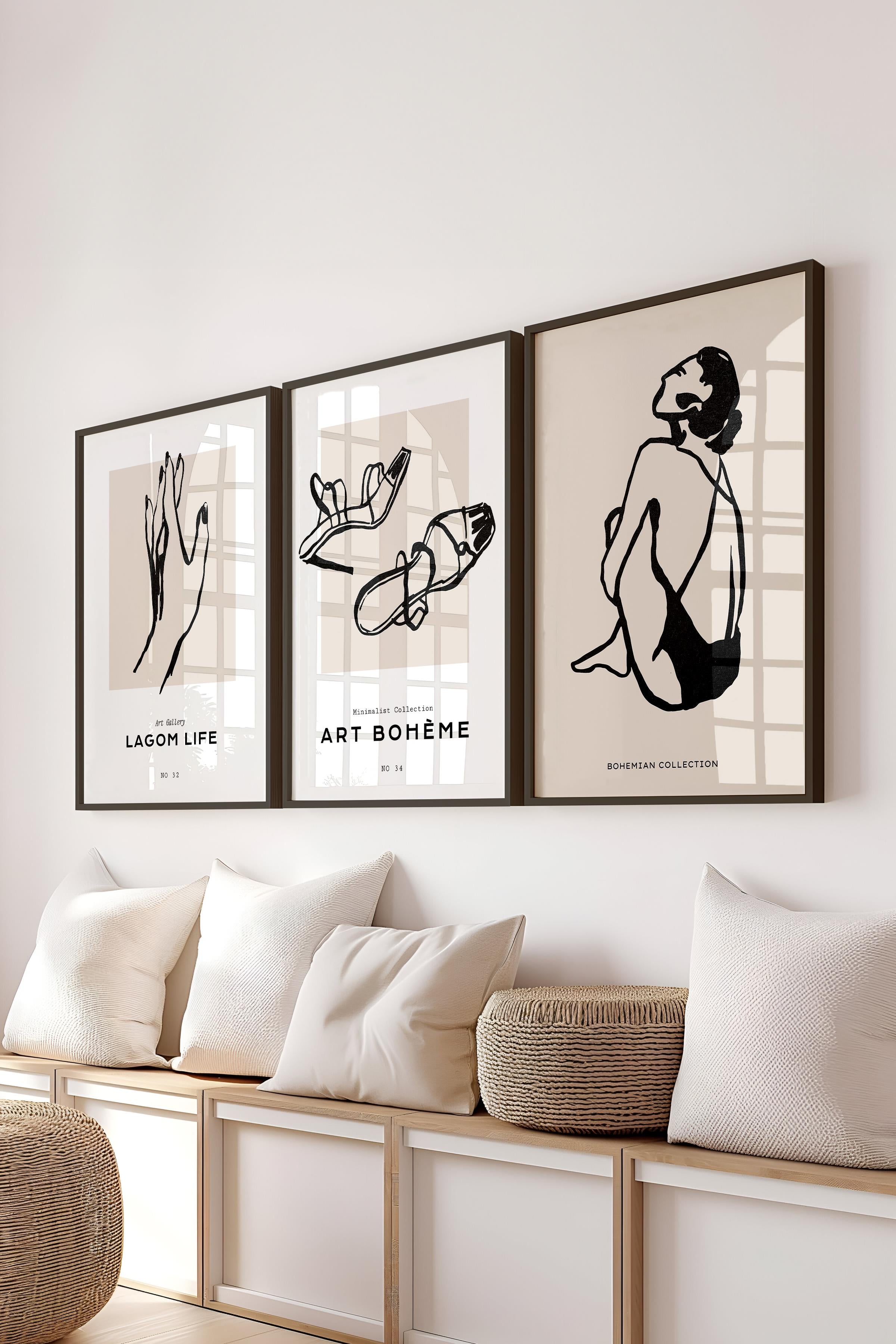 Çerçeveli Tablo Seti, 3 Adet Siyah Çerçeve ve Minimalist Çizim Temalı Poster Seti, No:300593
