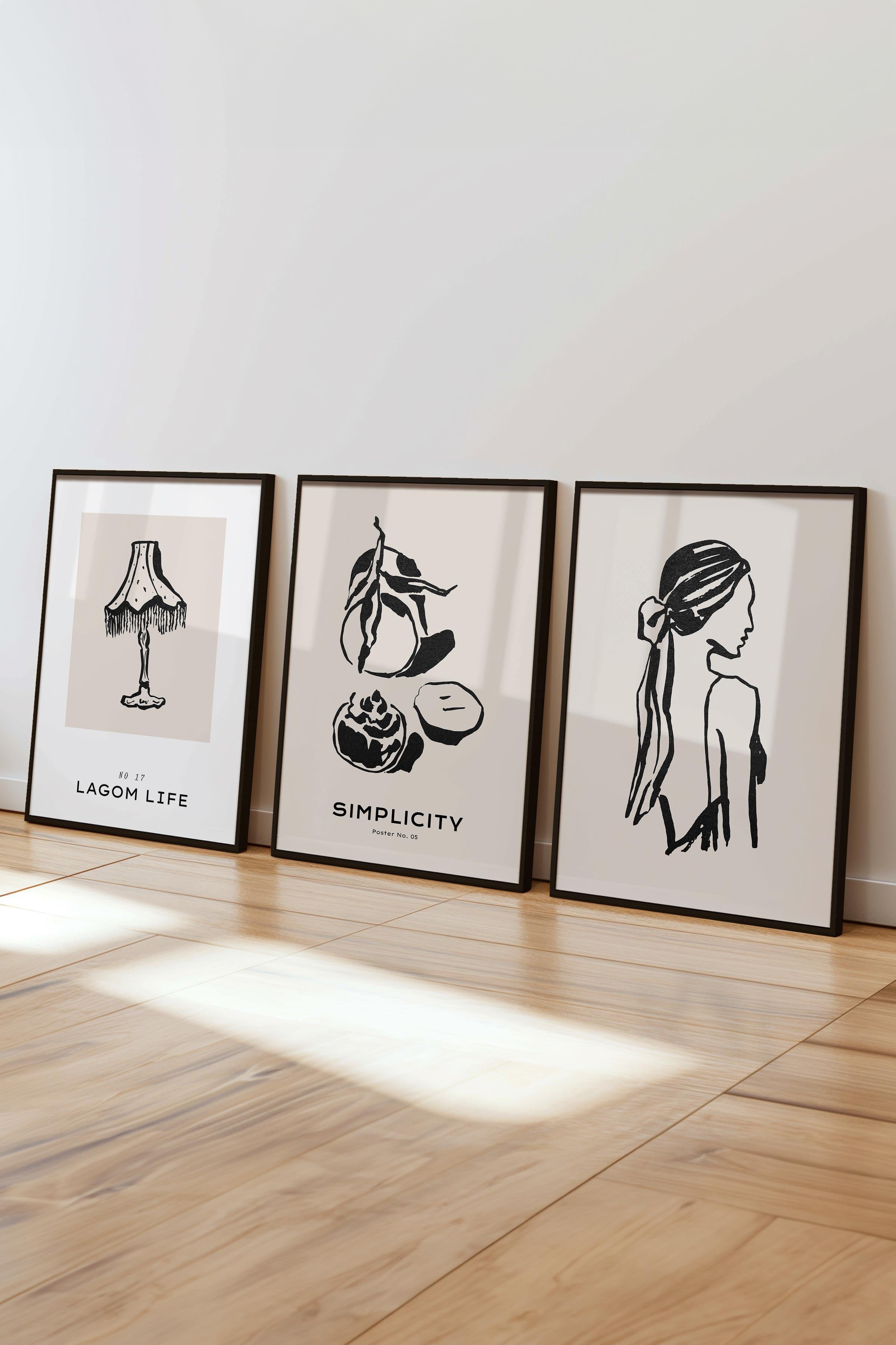 Çerçeveli Tablo Seti, 3 Adet Siyah Çerçeve ve Minimalist Çizim Temalı Poster Seti, No:300594