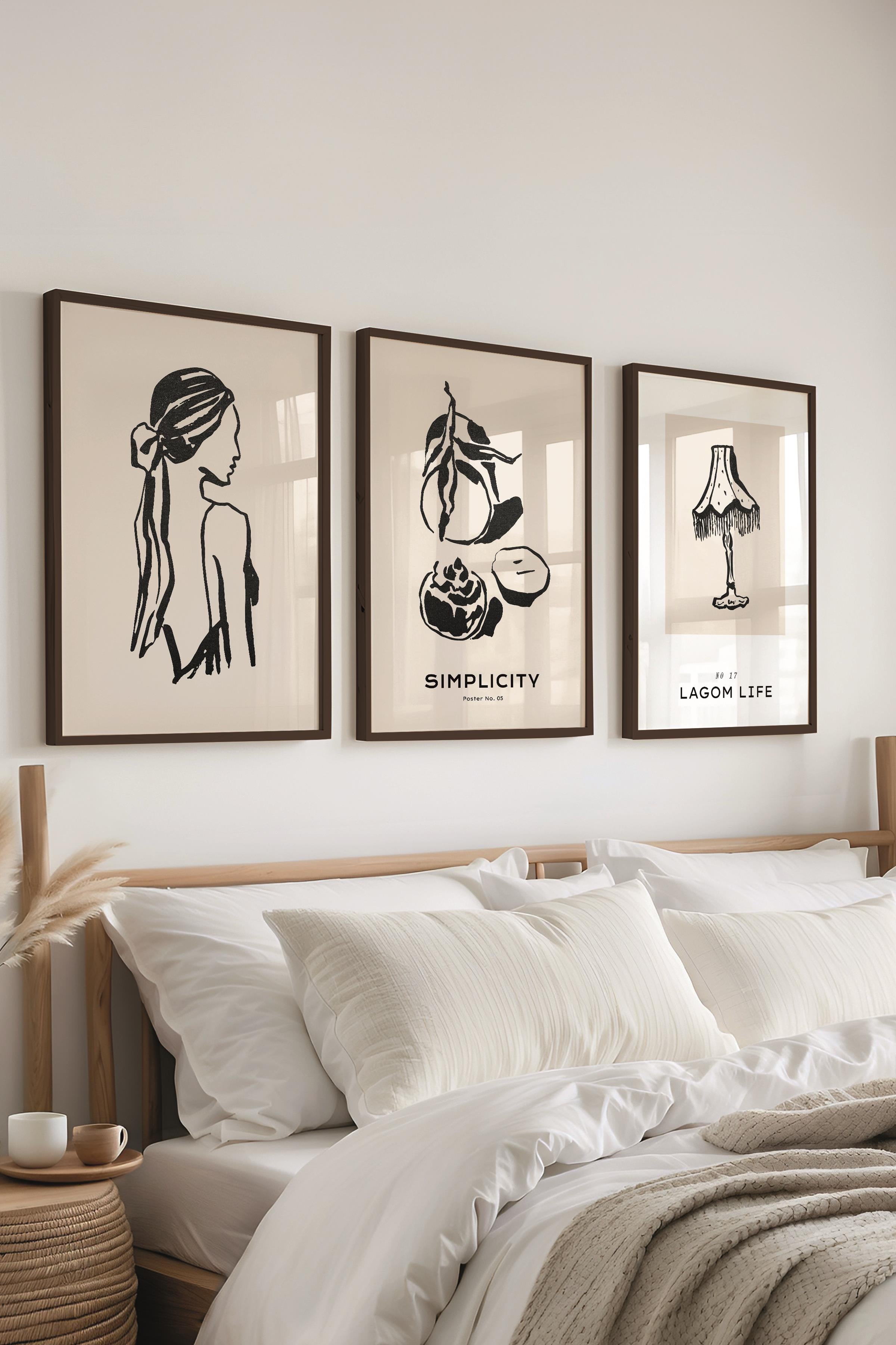 Çerçeveli Tablo Seti, 3 Adet Siyah Çerçeve ve Minimalist Çizim Temalı Poster Seti, No:300594