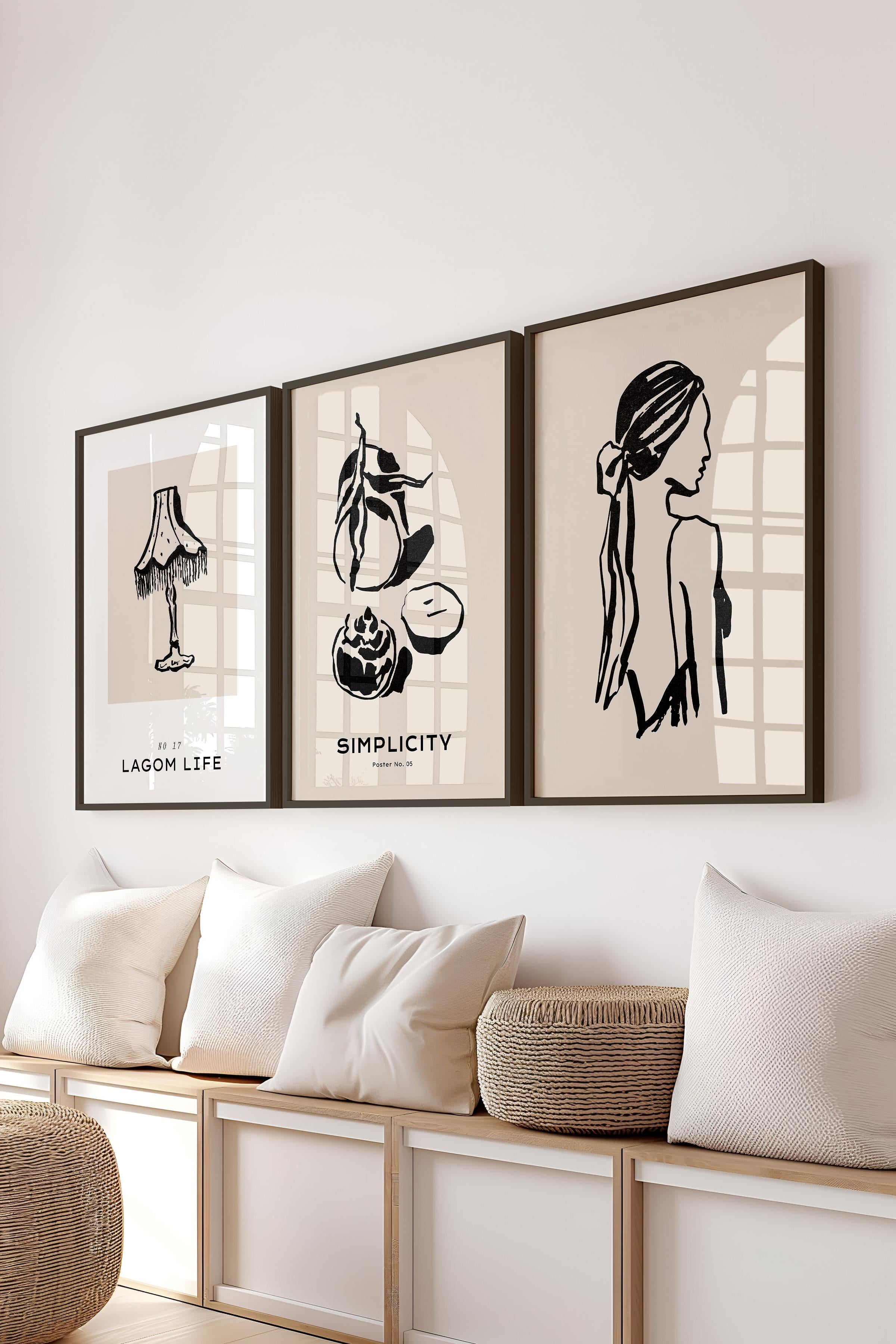 Çerçeveli Tablo Seti, 3 Adet Siyah Çerçeve ve Minimalist Çizim Temalı Poster Seti, No:300594