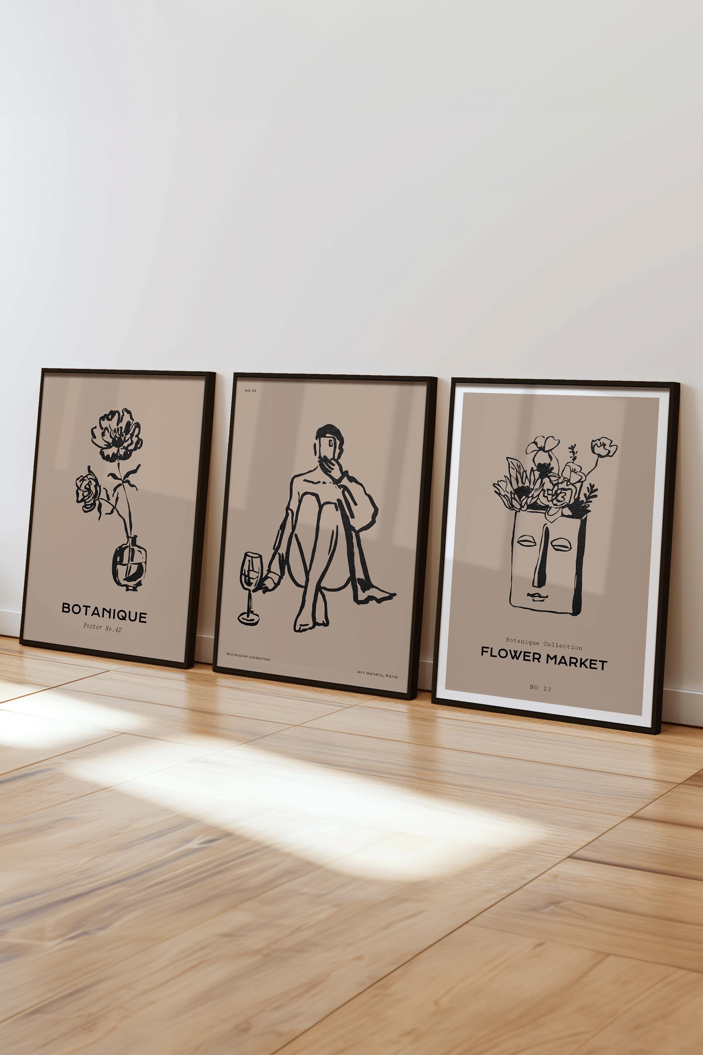 Çerçeveli Tablo Seti, 3 Adet Siyah Çerçeve ve Minimalist Çizim Temalı Poster Seti, No:300595