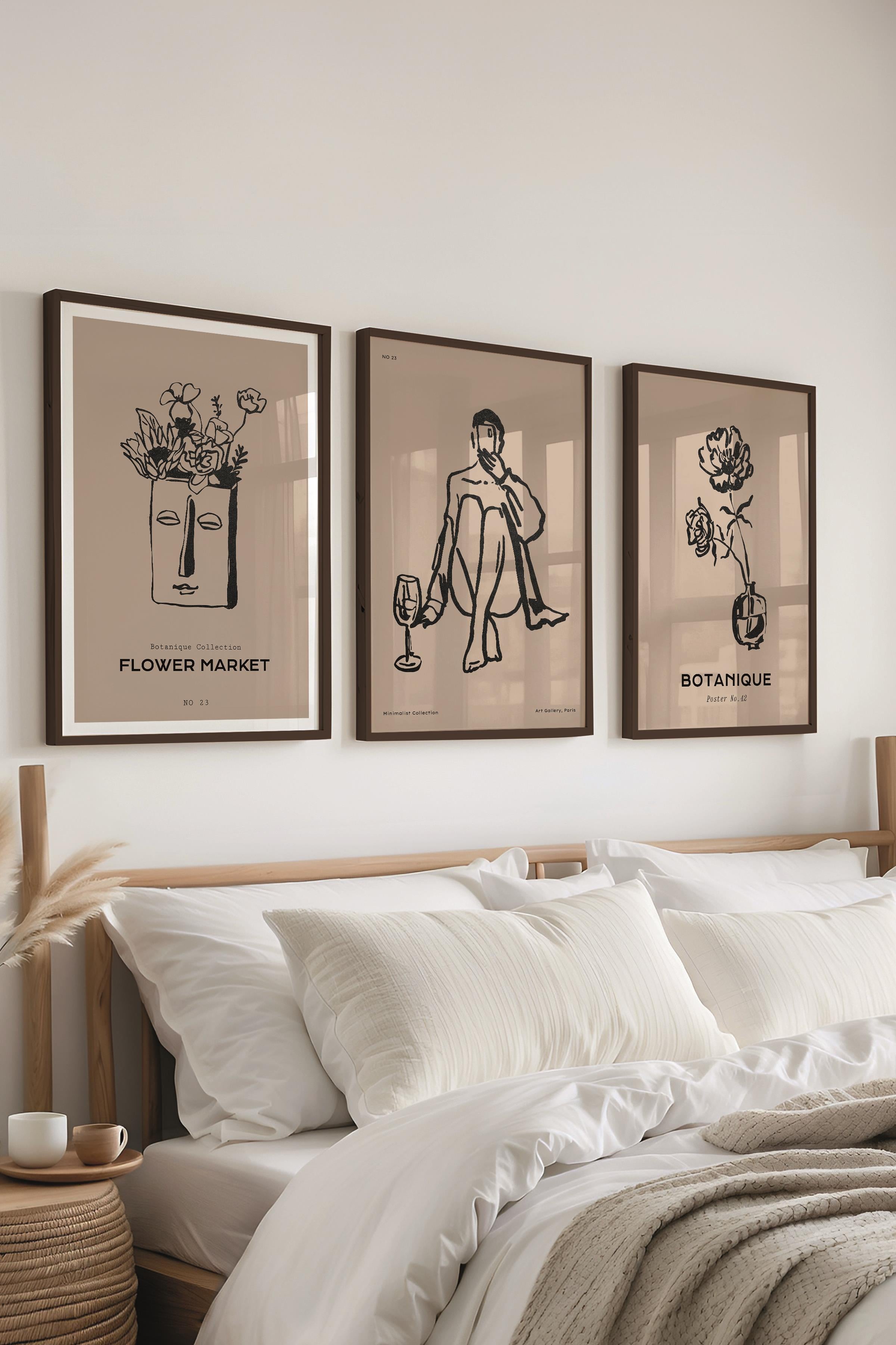 Çerçeveli Tablo Seti, 3 Adet Siyah Çerçeve ve Minimalist Çizim Temalı Poster Seti, No:300595