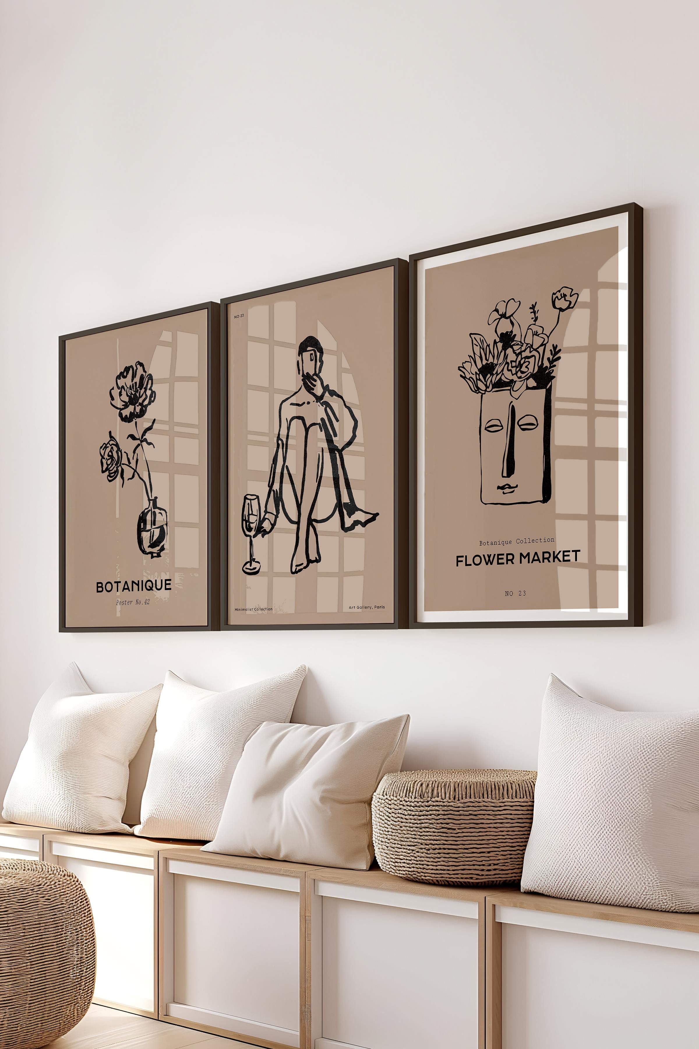 Çerçeveli Tablo Seti, 3 Adet Siyah Çerçeve ve Minimalist Çizim Temalı Poster Seti, No:300595