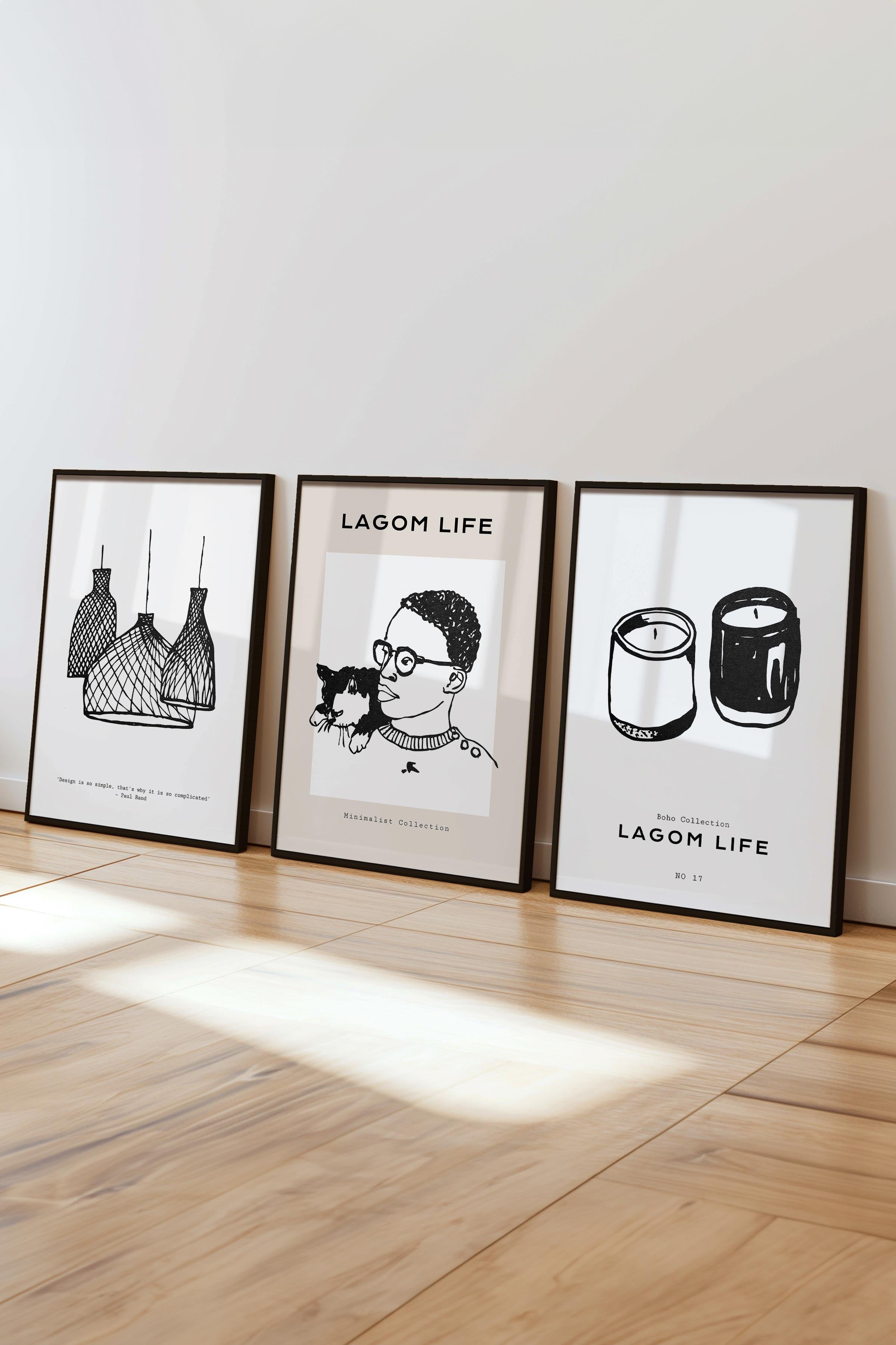 Çerçeveli Tablo Seti, 3 Adet Siyah Çerçeve ve Minimalist Çizim Temalı Poster Seti, No:300596