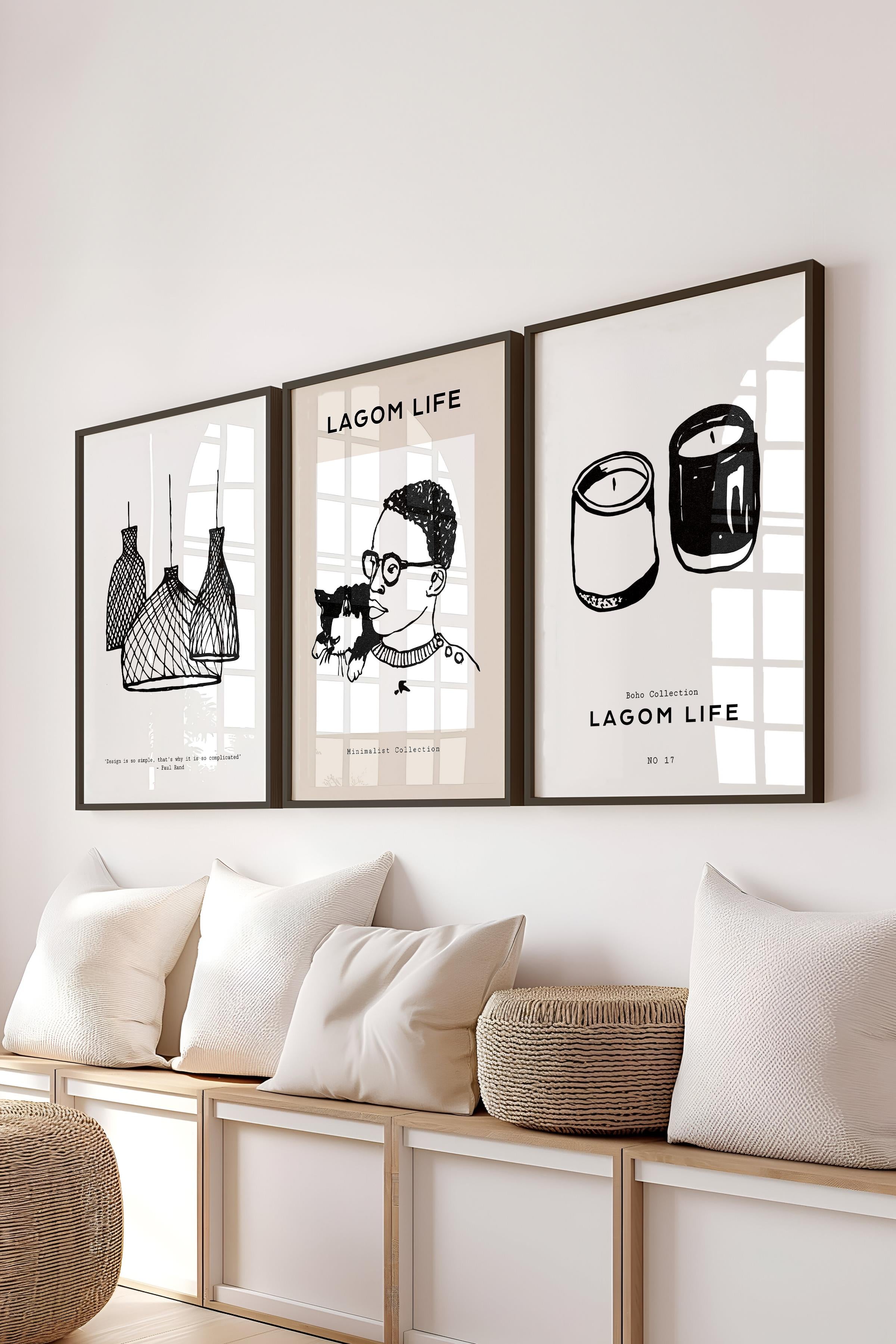 Çerçeveli Tablo Seti, 3 Adet Siyah Çerçeve ve Minimalist Çizim Temalı Poster Seti, No:300596