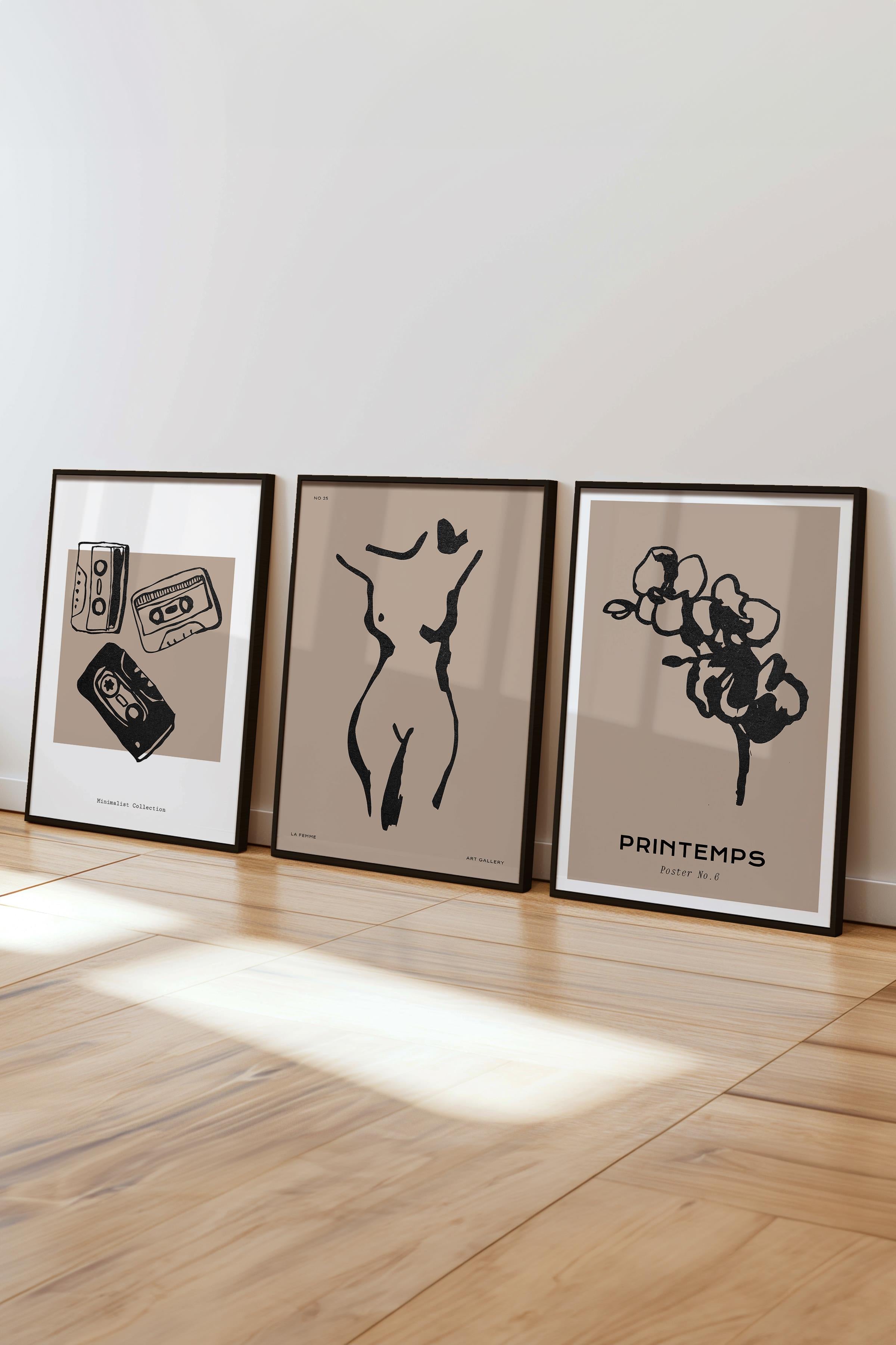 Çerçeveli Tablo Seti, 3 Adet Siyah Çerçeve ve Minimalist Çizim Temalı Poster Seti, No:300597