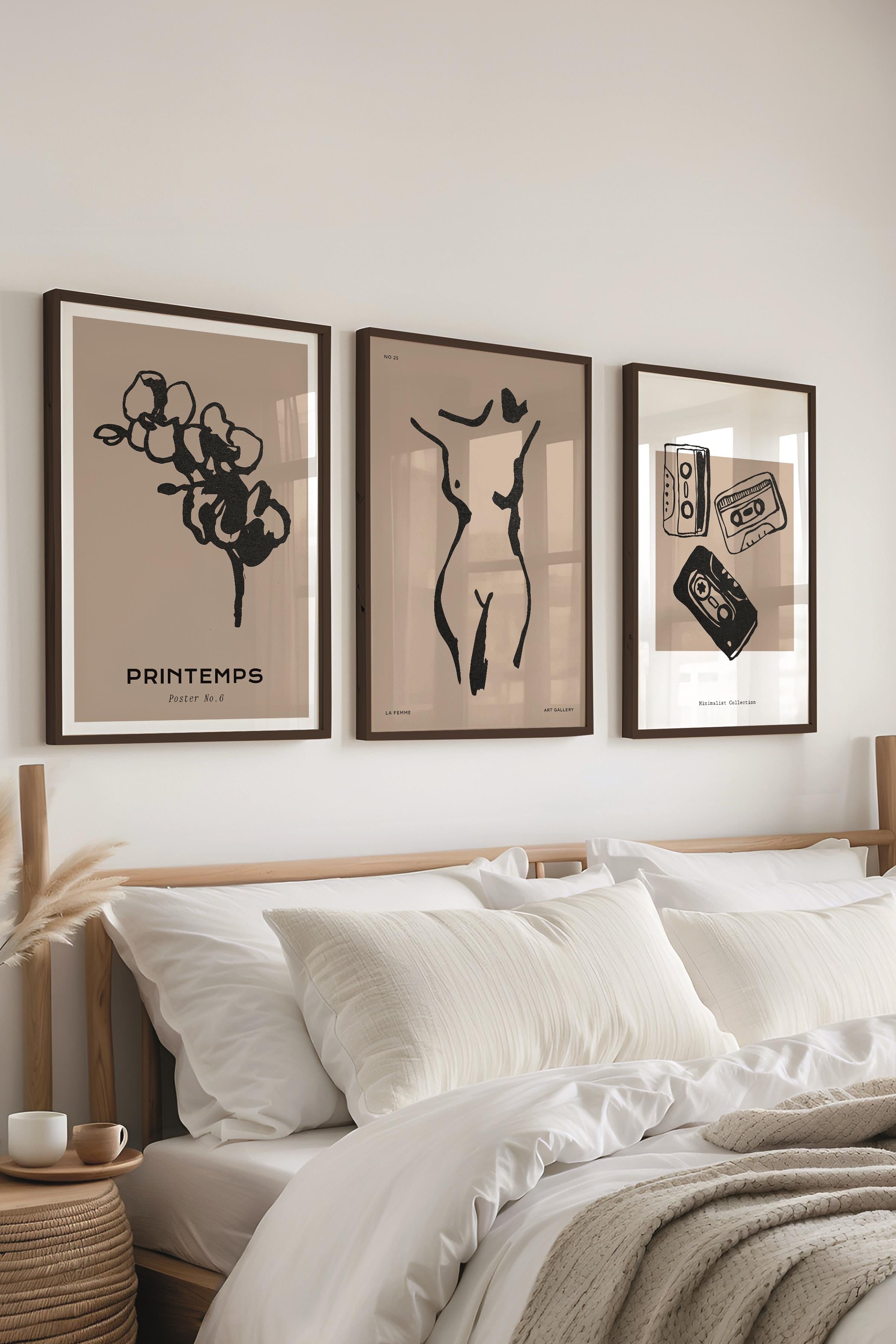 Çerçeveli Tablo Seti, 3 Adet Siyah Çerçeve ve Minimalist Çizim Temalı Poster Seti, No:300597