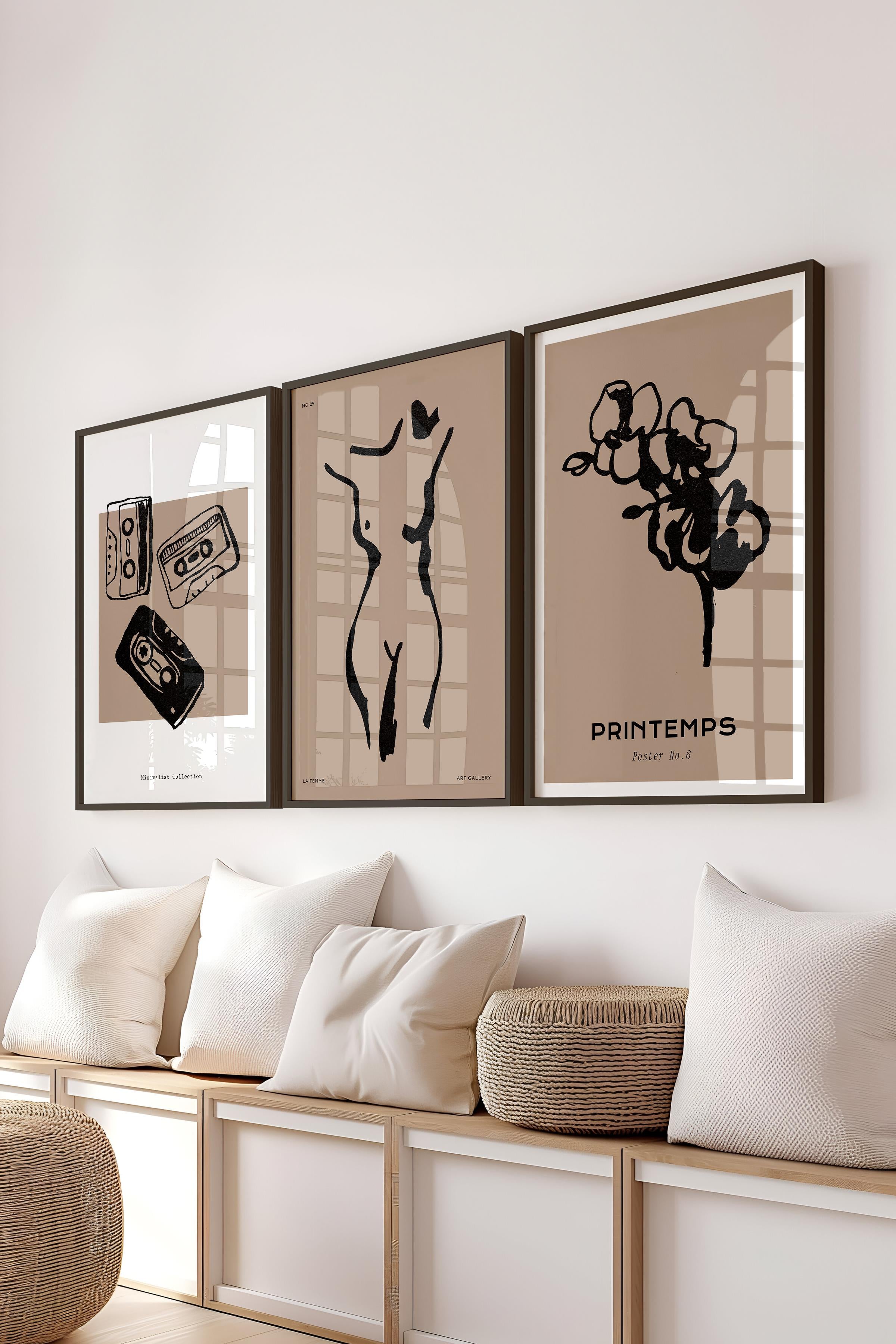 Çerçeveli Tablo Seti, 3 Adet Siyah Çerçeve ve Minimalist Çizim Temalı Poster Seti, No:300597