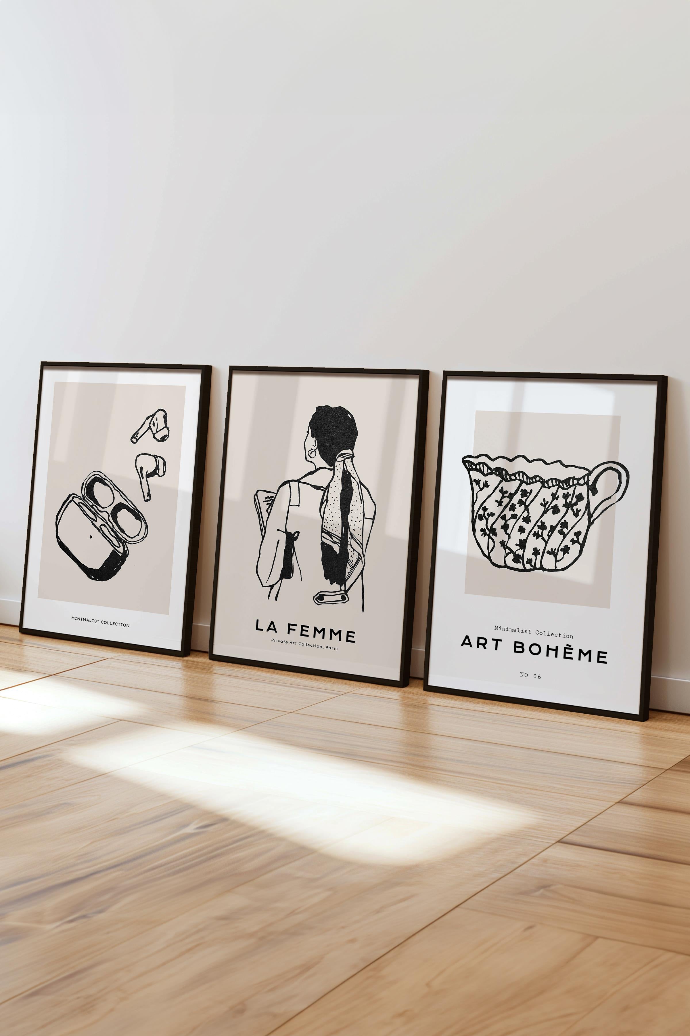 Çerçeveli Tablo Seti, 3 Adet Siyah Çerçeve ve Minimalist Çizim Temalı Poster Seti, No:300598