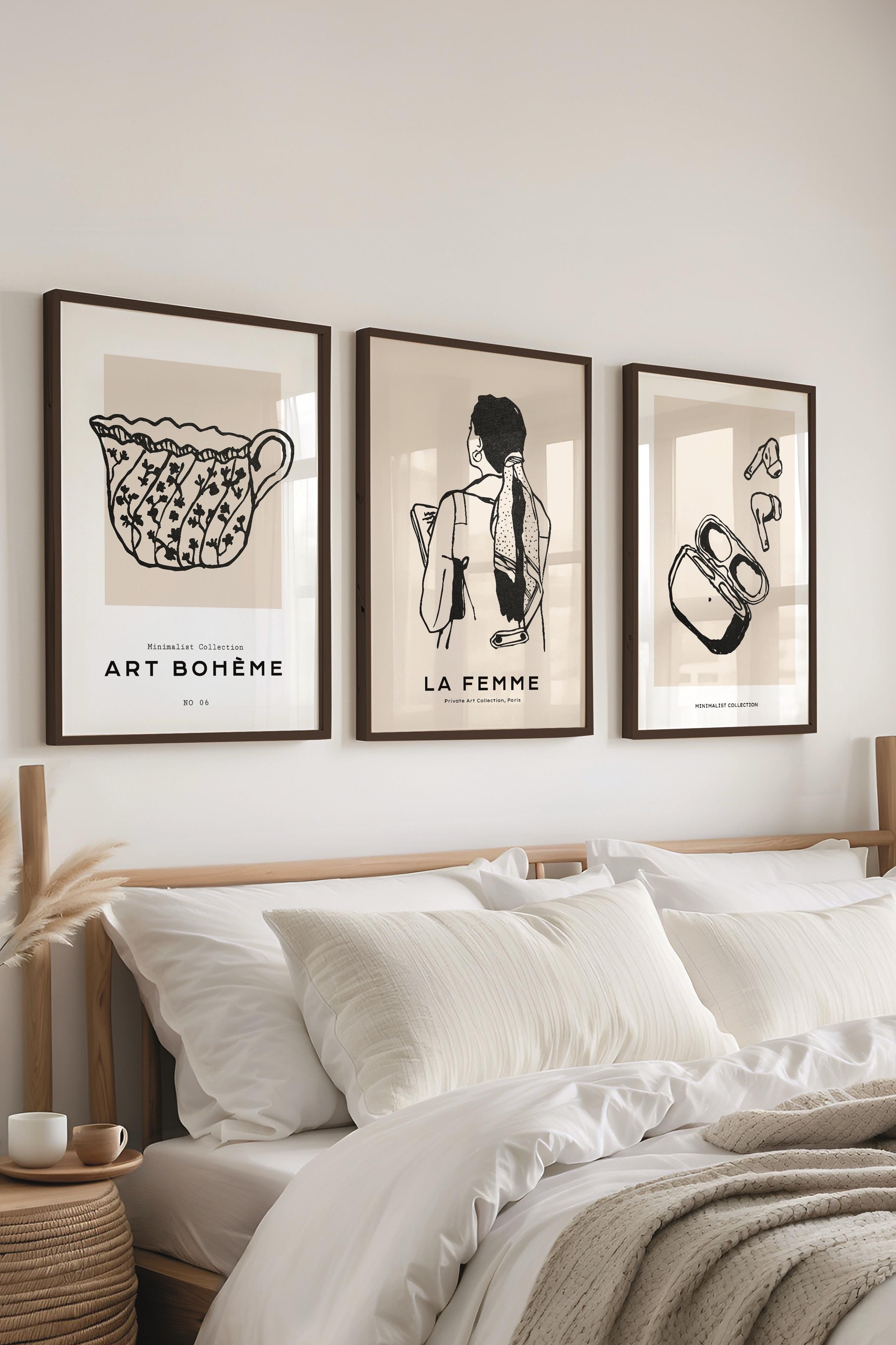 Çerçeveli Tablo Seti, 3 Adet Siyah Çerçeve ve Minimalist Çizim Temalı Poster Seti, No:300598