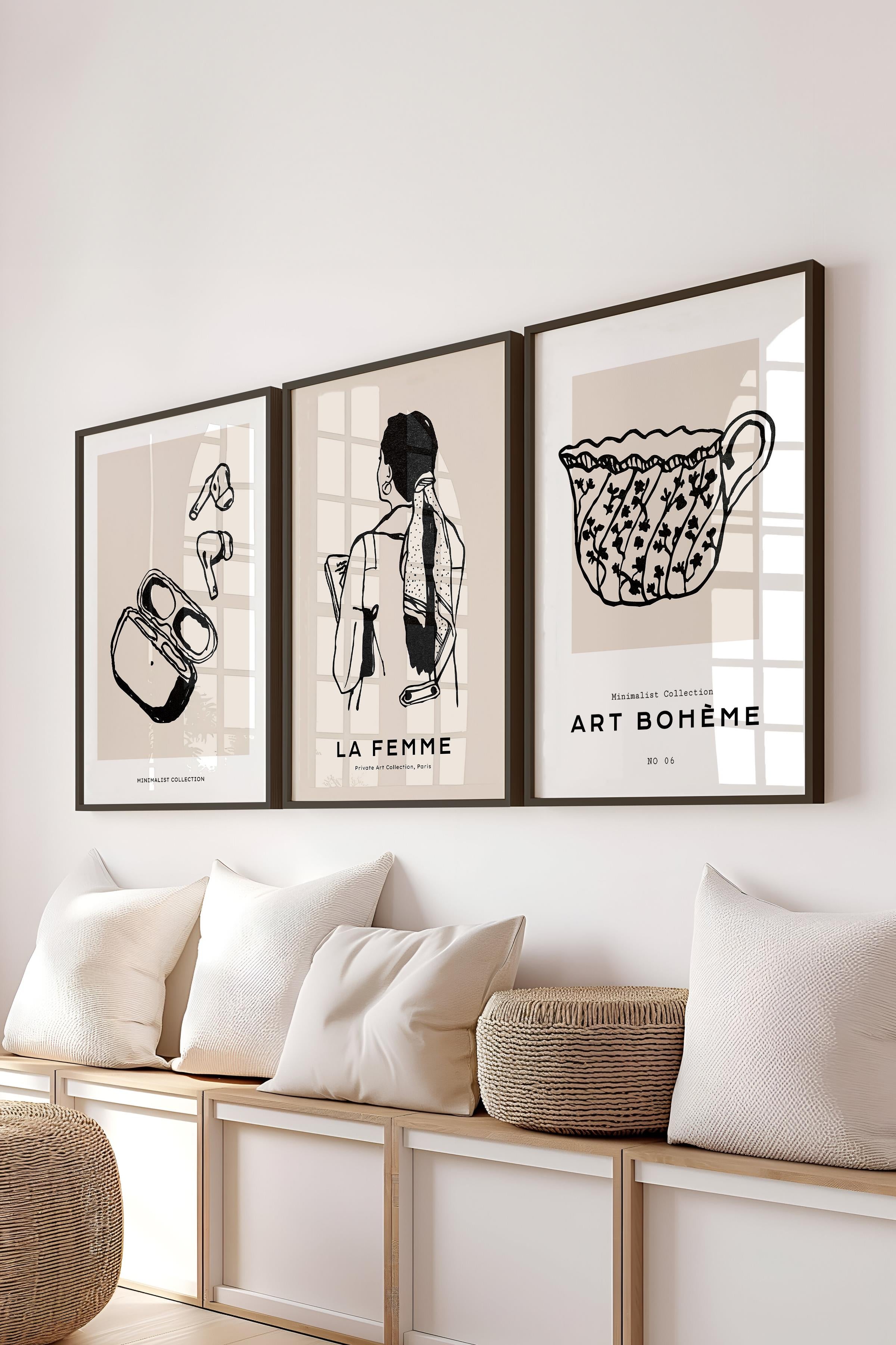 Çerçeveli Tablo Seti, 3 Adet Siyah Çerçeve ve Minimalist Çizim Temalı Poster Seti, No:300598