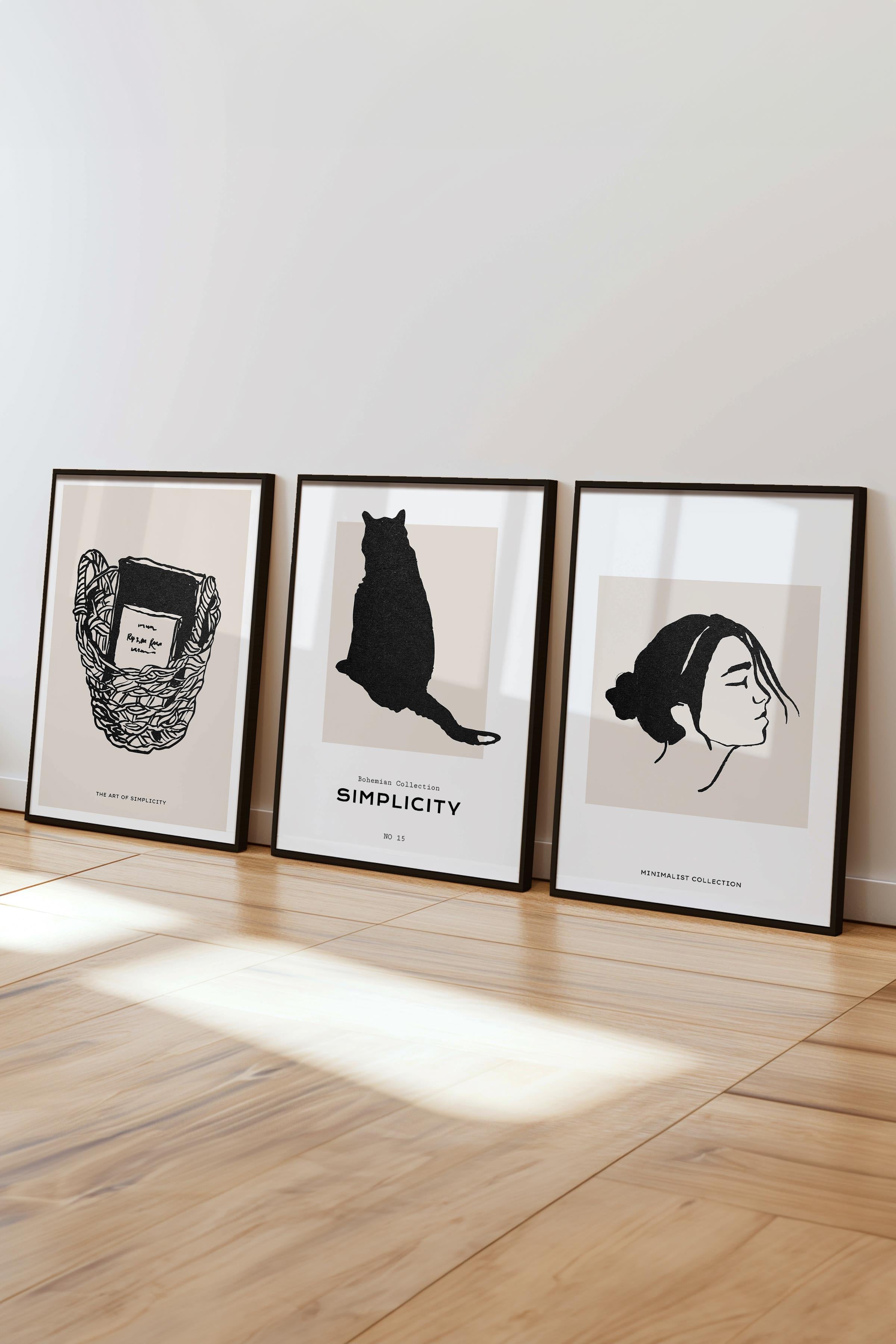 Çerçeveli Tablo Seti, 3 Adet Siyah Çerçeve ve Minimalist Çizim Temalı Poster Seti, No:300599