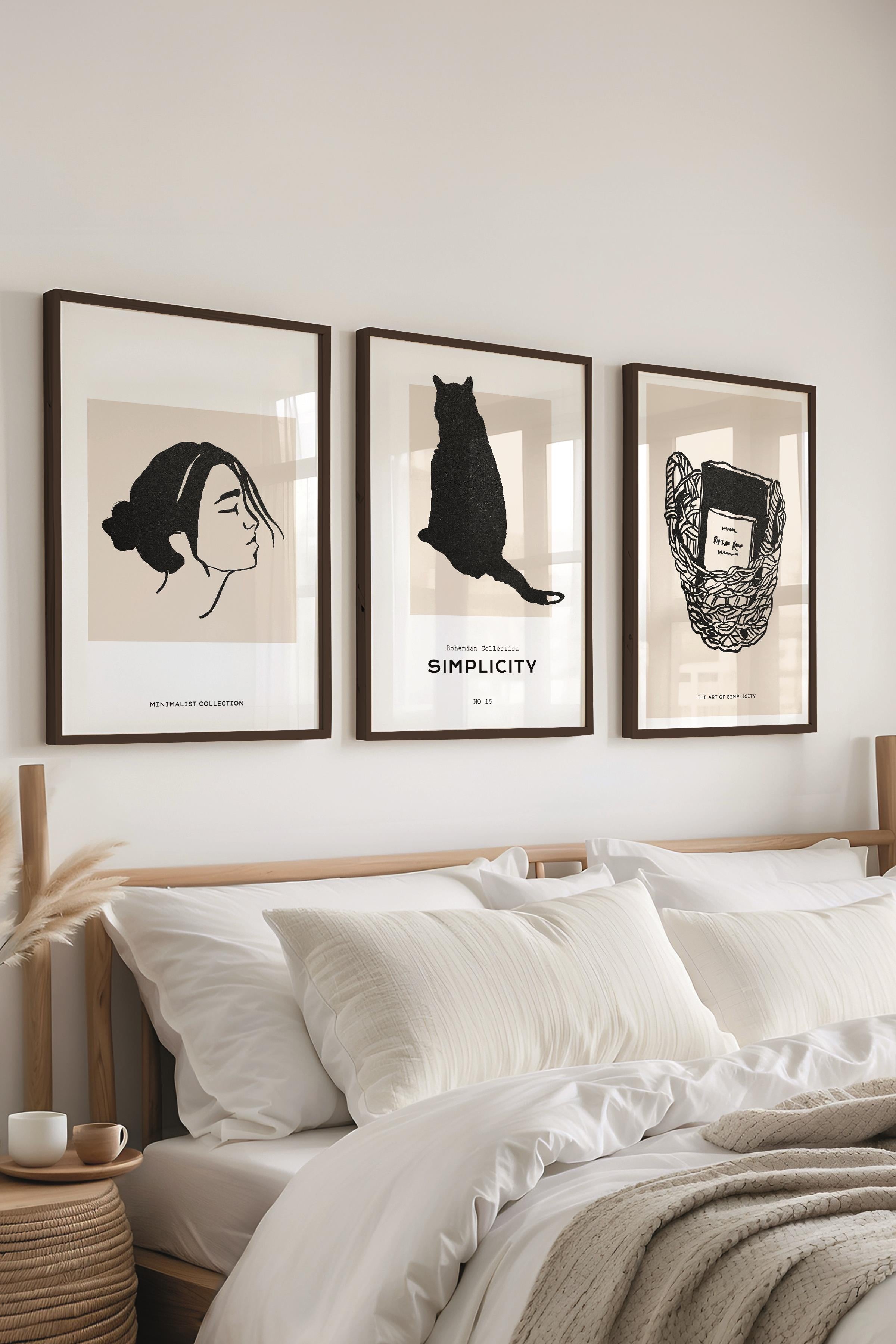 Çerçeveli Tablo Seti, 3 Adet Siyah Çerçeve ve Minimalist Çizim Temalı Poster Seti, No:300599