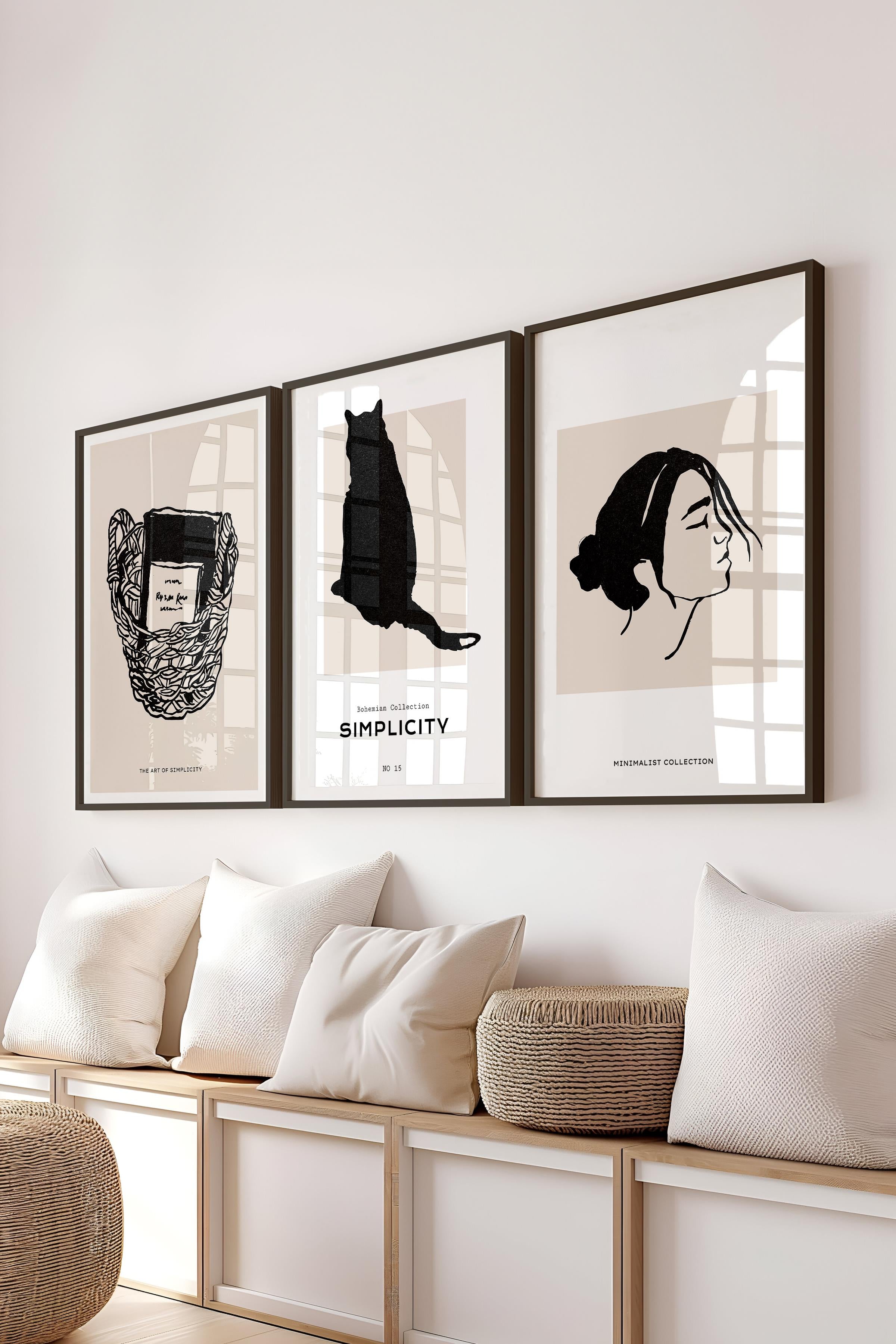 Çerçeveli Tablo Seti, 3 Adet Siyah Çerçeve ve Minimalist Çizim Temalı Poster Seti, No:300599