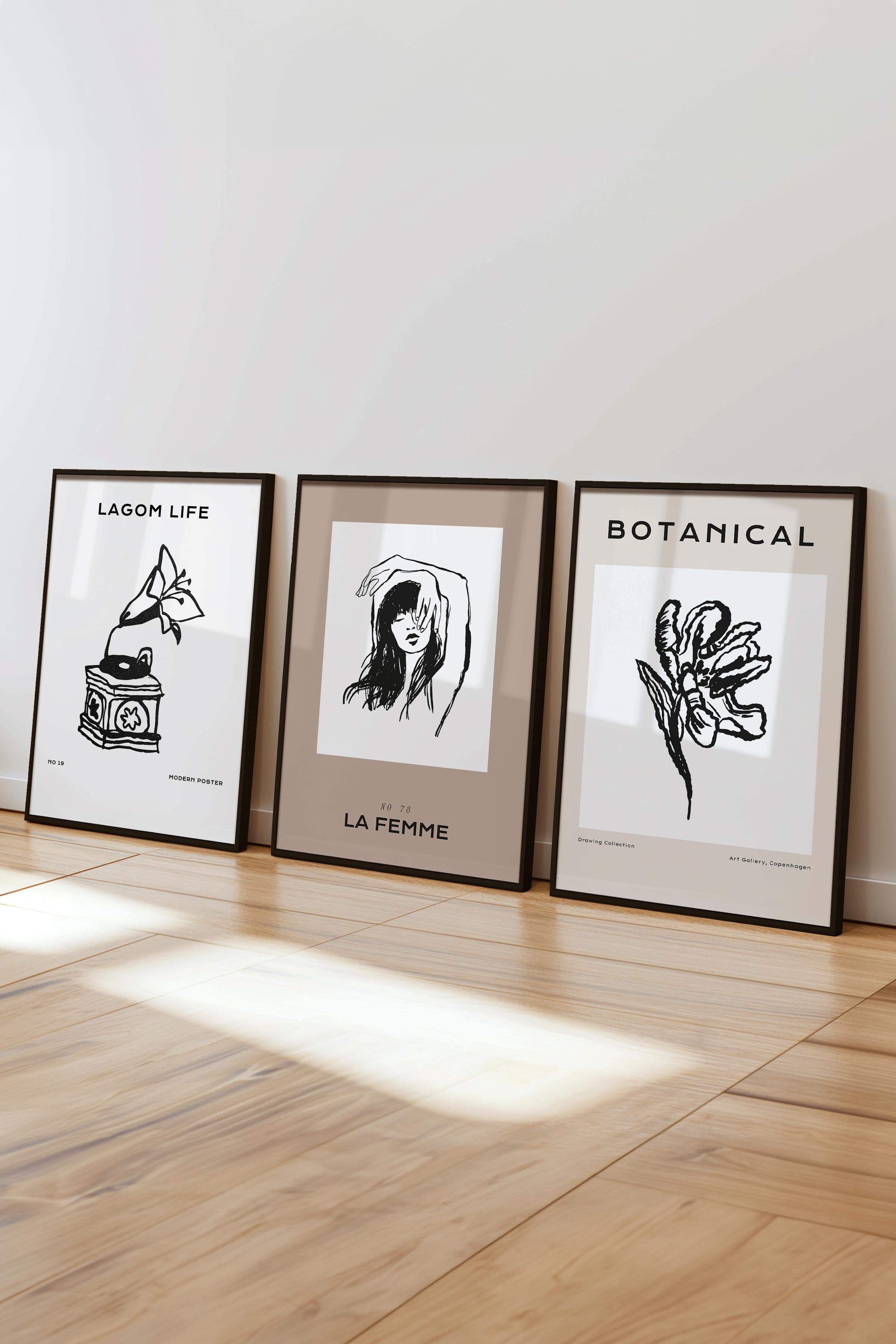 Çerçeveli Tablo Seti, 3 Adet Siyah Çerçeve ve Minimalist Çizim Temalı Poster Seti, No:300600