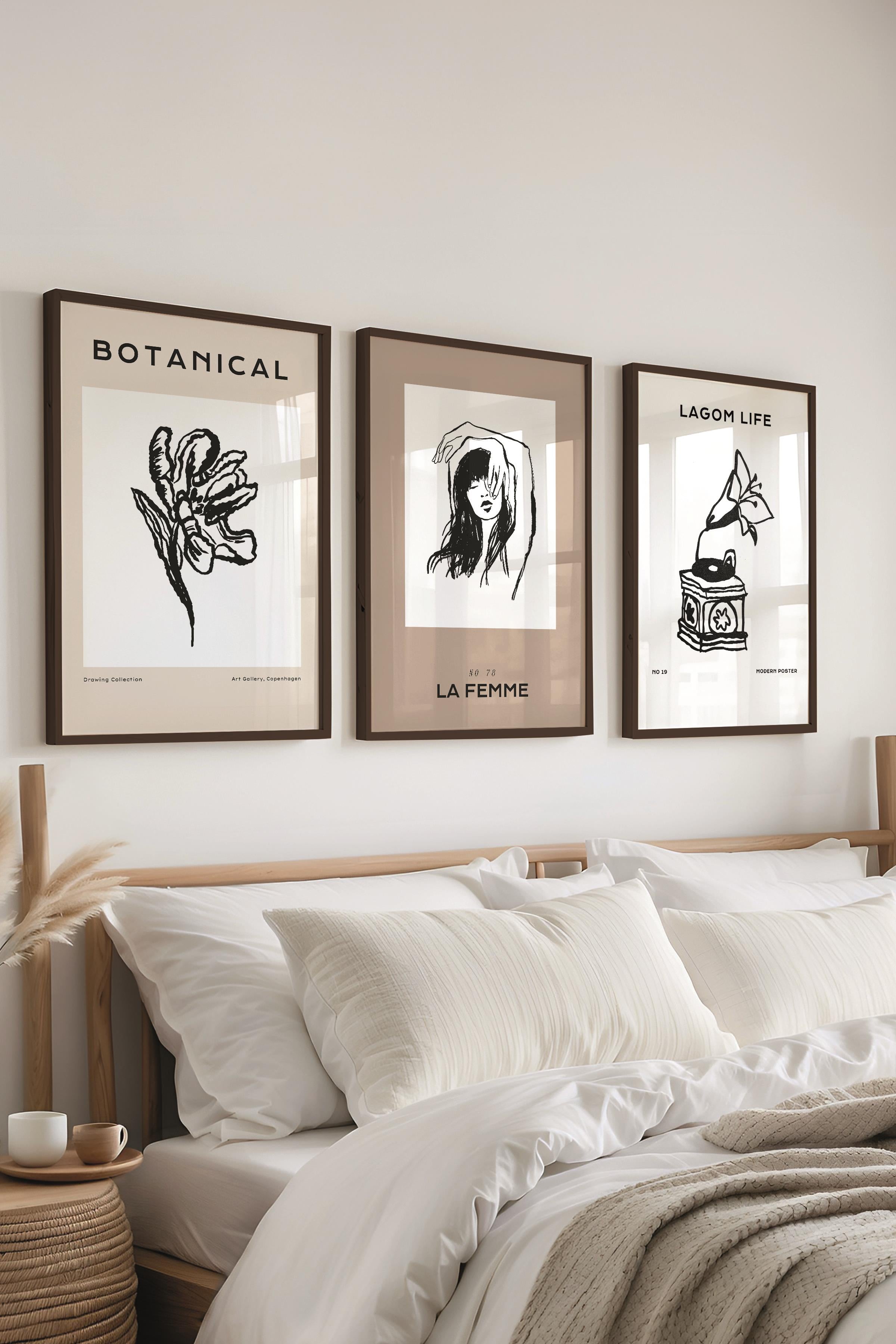 Çerçeveli Tablo Seti, 3 Adet Siyah Çerçeve ve Minimalist Çizim Temalı Poster Seti, No:300600