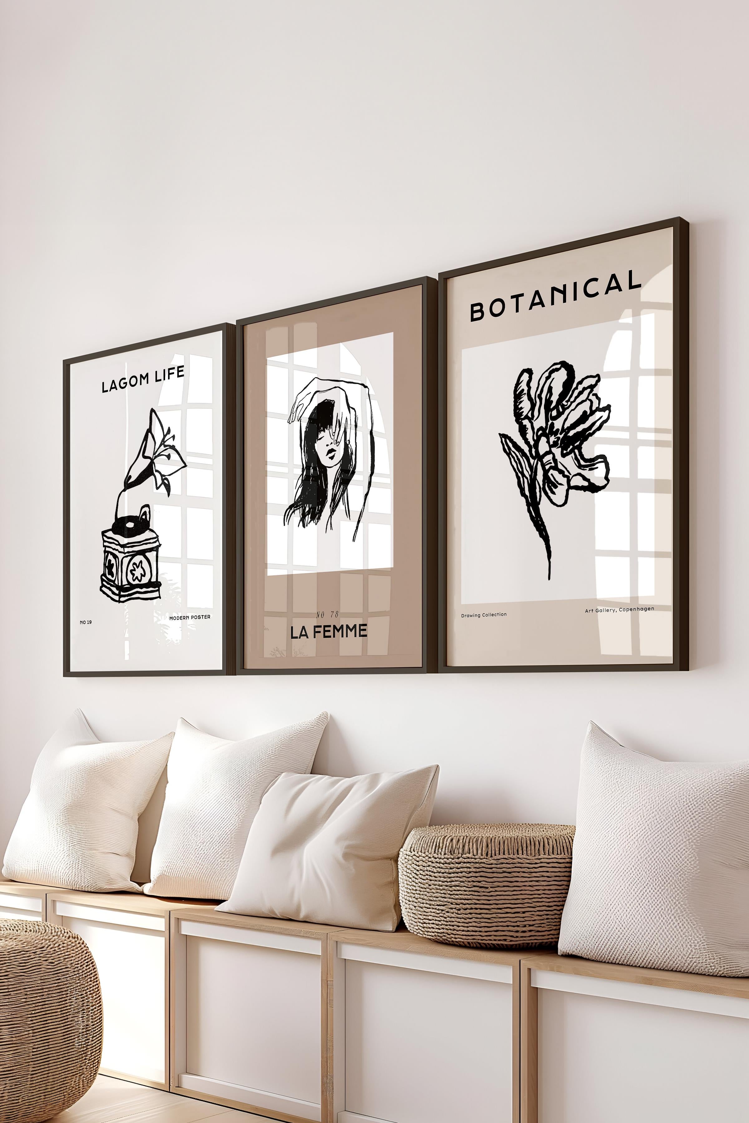 Çerçeveli Tablo Seti, 3 Adet Siyah Çerçeve ve Minimalist Çizim Temalı Poster Seti, No:300600