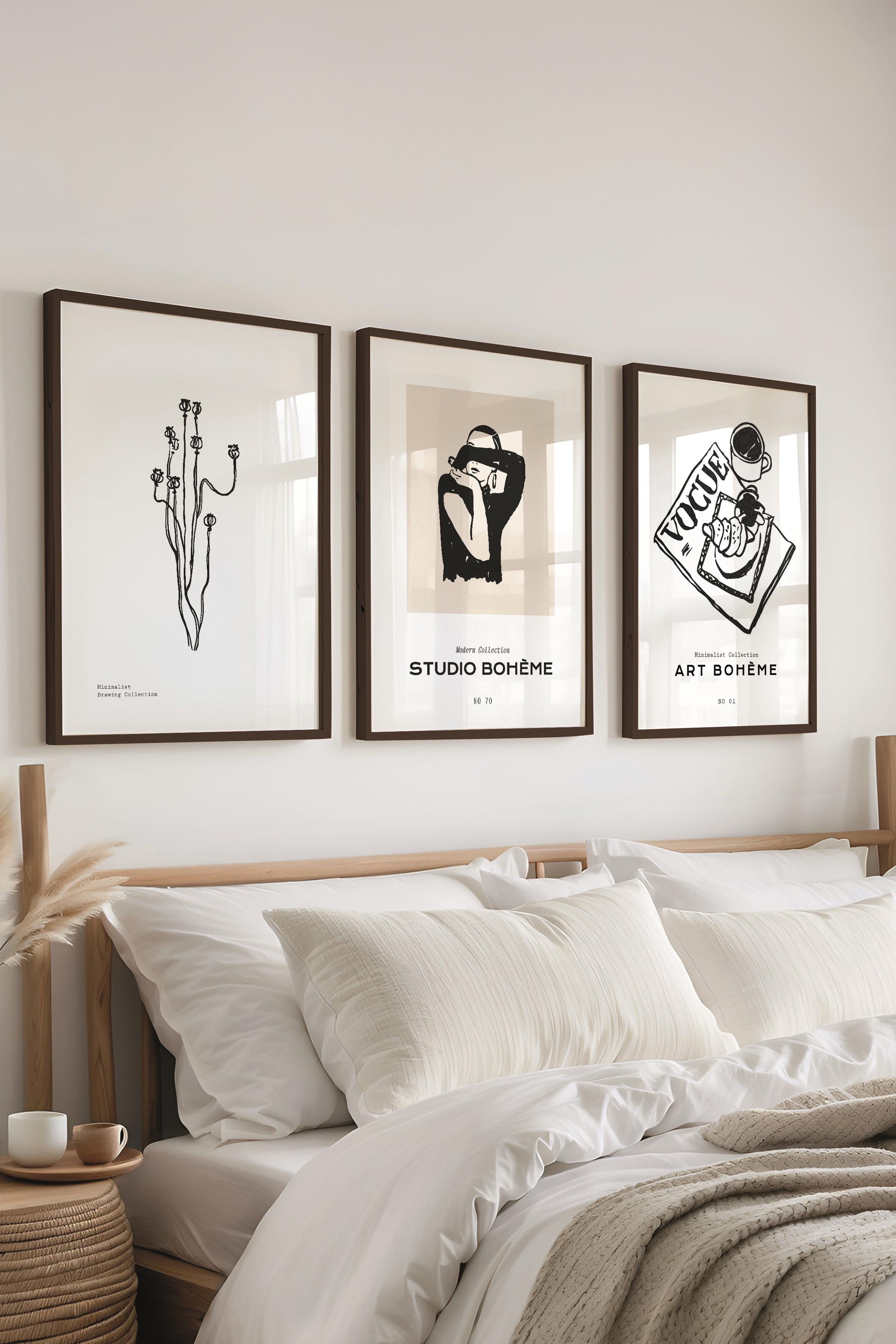 Çerçeveli Tablo Seti, 3 Adet Siyah Çerçeve ve Minimalist Çizim Temalı Poster Seti, No:300601