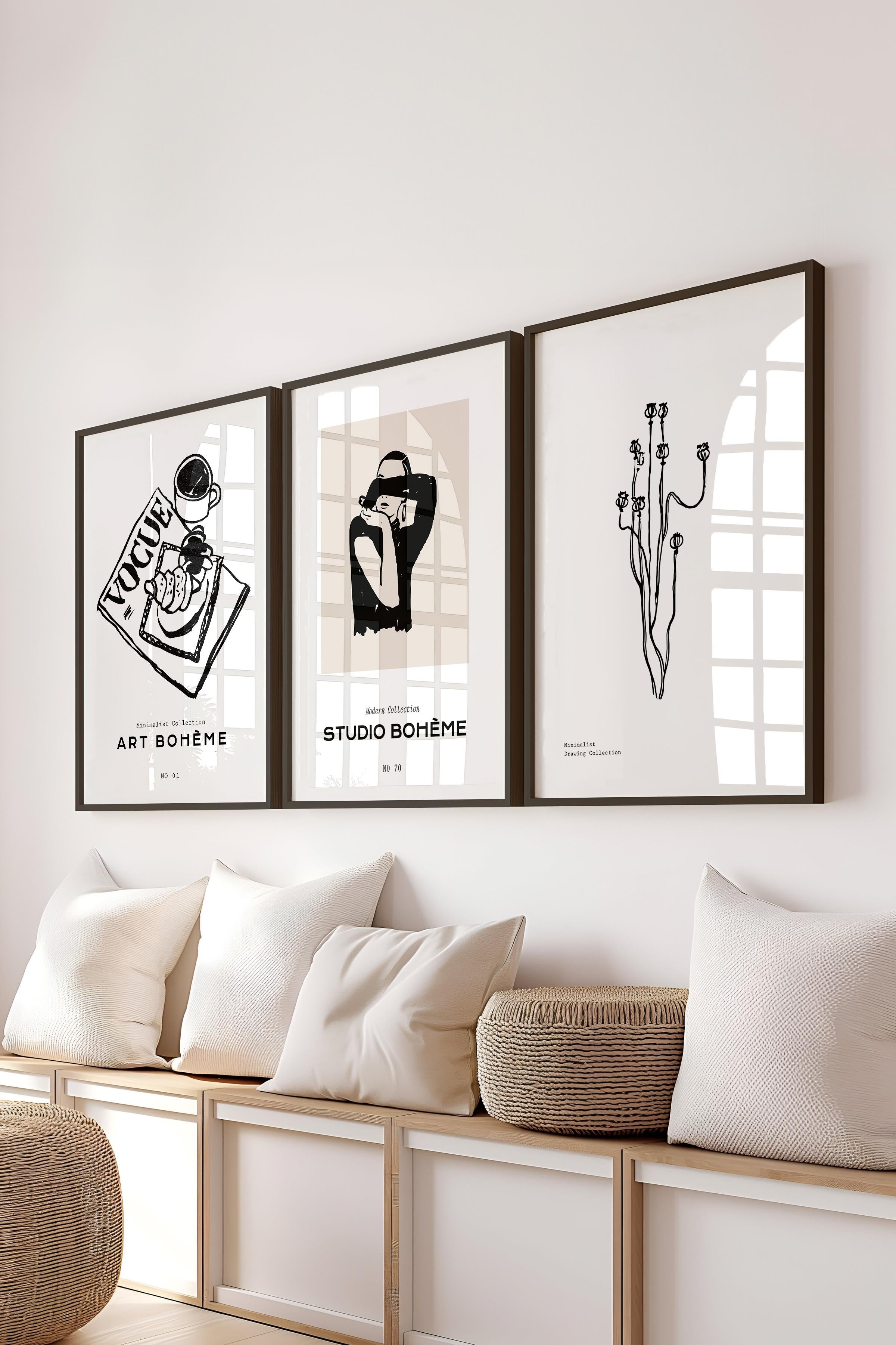 Çerçeveli Tablo Seti, 3 Adet Siyah Çerçeve ve Minimalist Çizim Temalı Poster Seti, No:300601