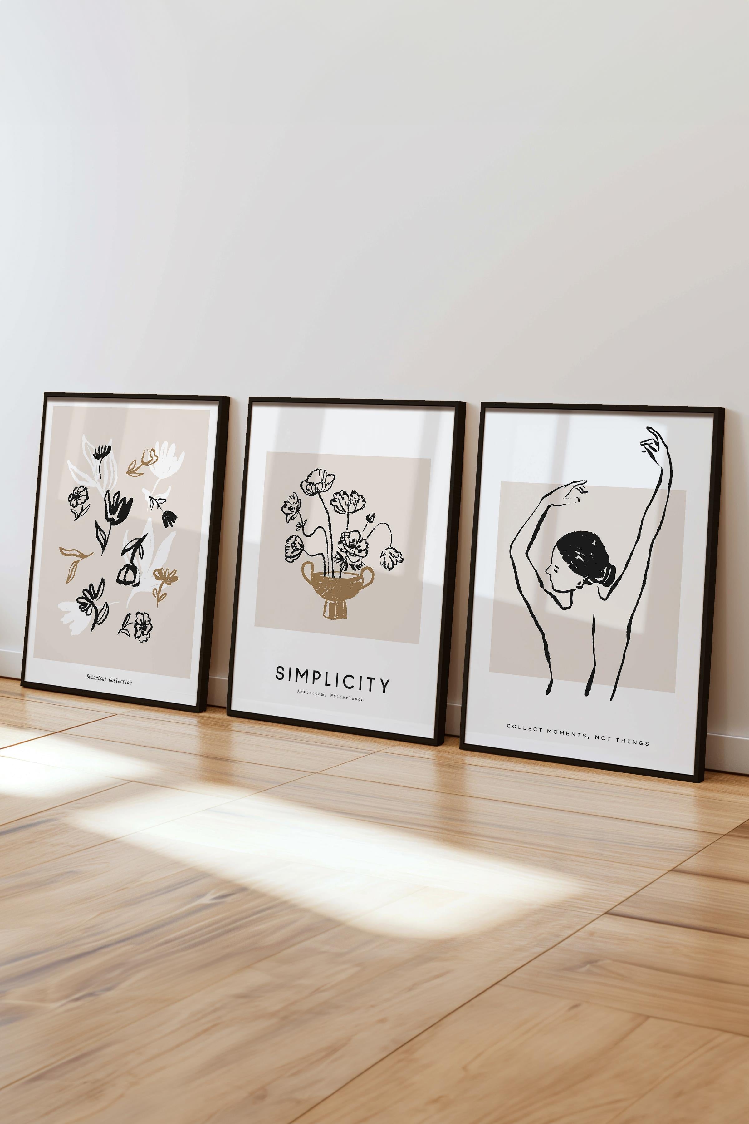 Çerçeveli Tablo Seti, 3 Adet Siyah Çerçeve ve Minimalist Çizim Temalı Poster Seti, No:300602