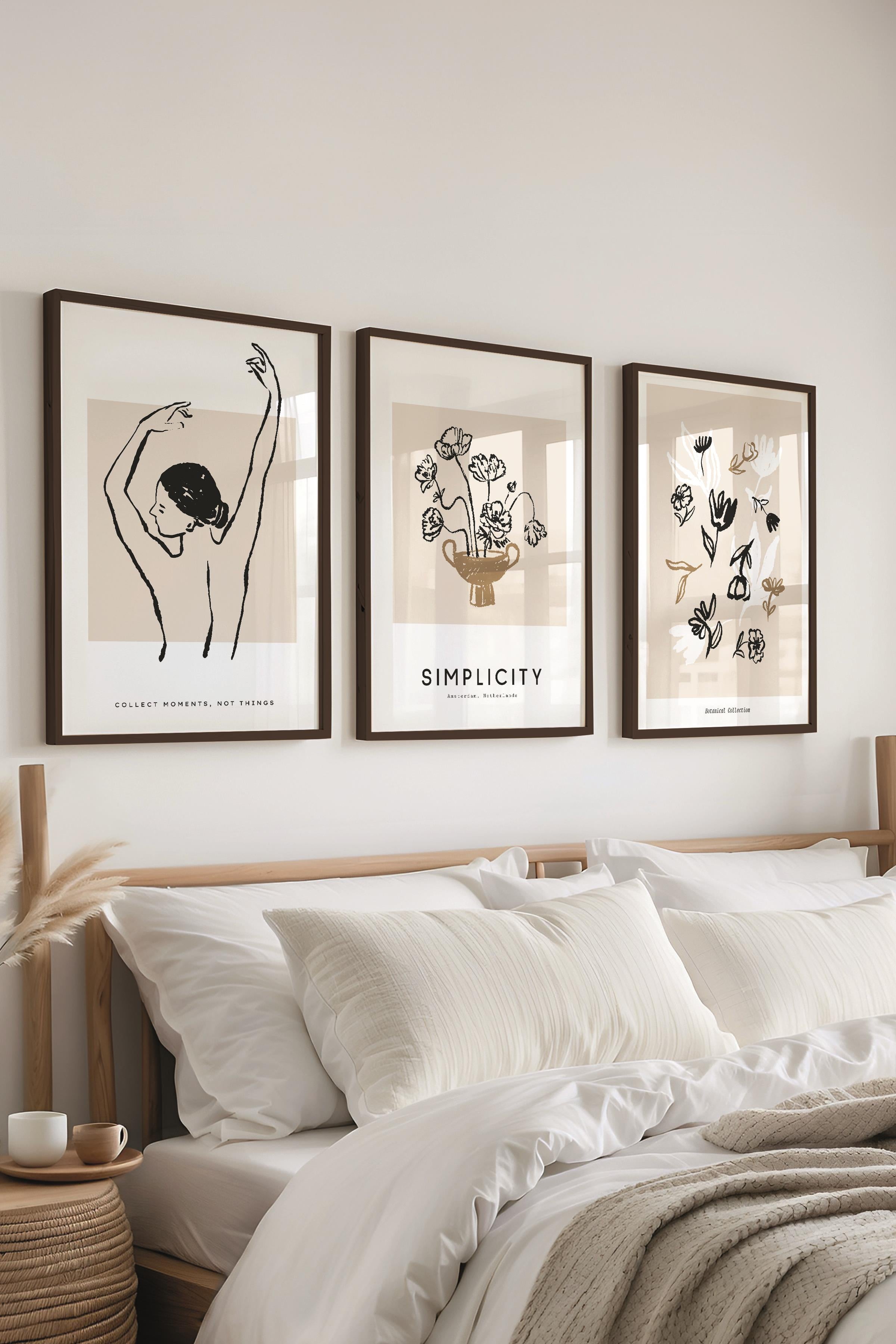 Çerçeveli Tablo Seti, 3 Adet Siyah Çerçeve ve Minimalist Çizim Temalı Poster Seti, No:300602