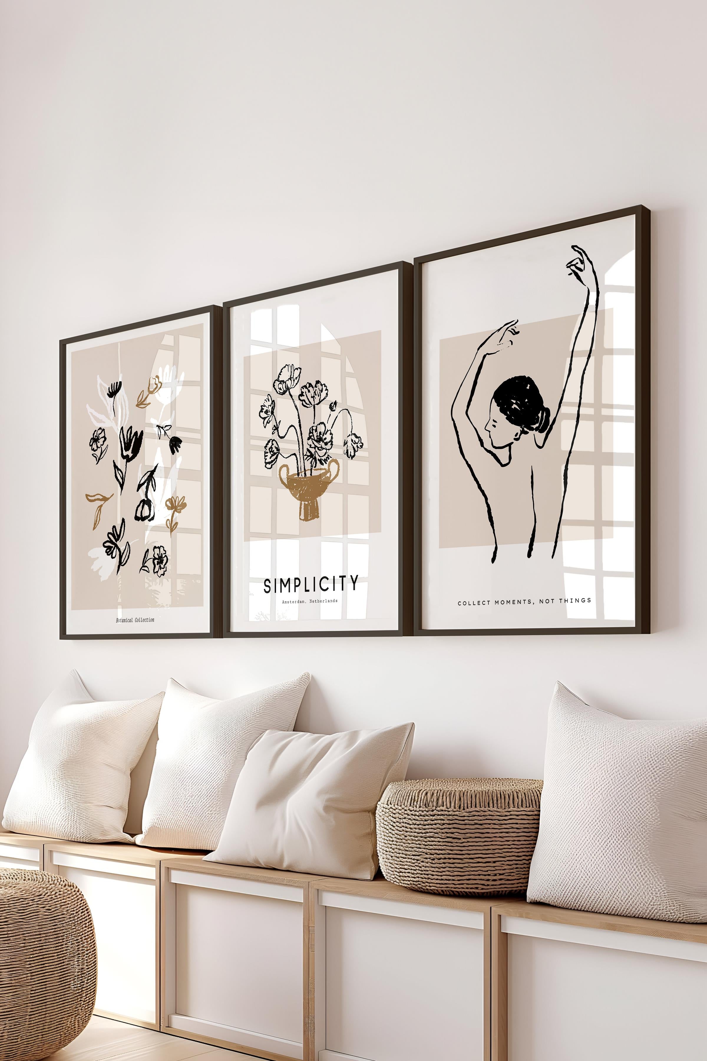 Çerçeveli Tablo Seti, 3 Adet Siyah Çerçeve ve Minimalist Çizim Temalı Poster Seti, No:300602