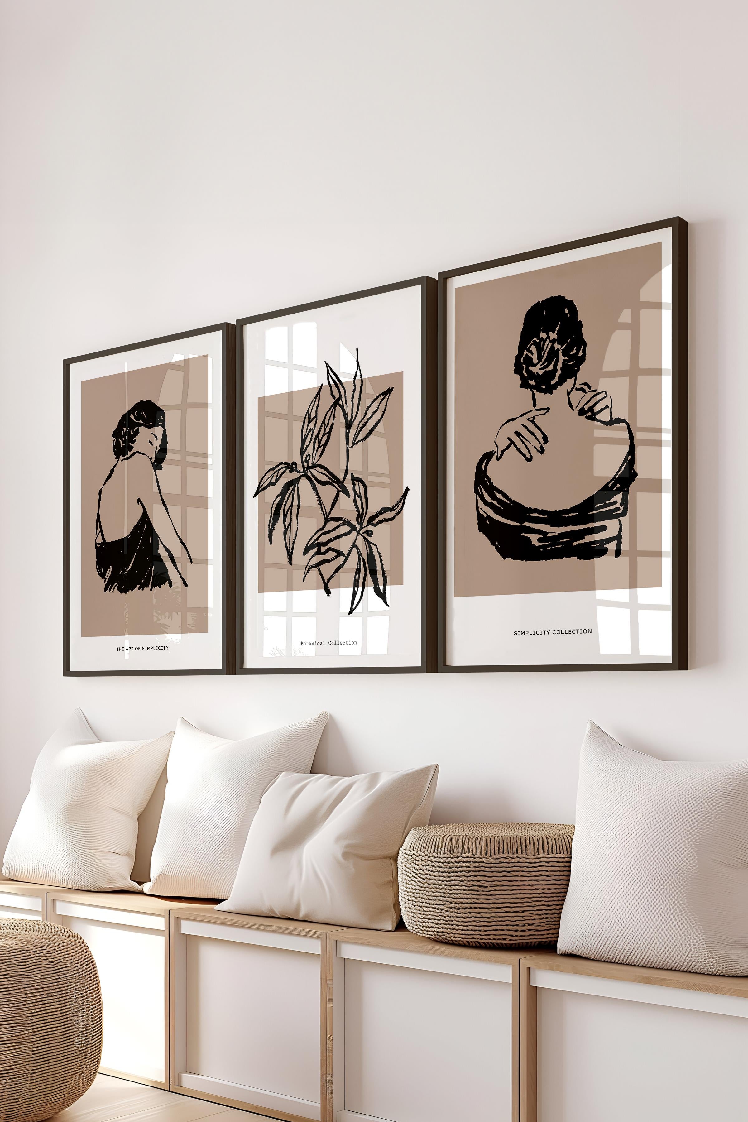 Çerçeveli Tablo Seti, 3 Adet Siyah Çerçeve ve Minimalist Çizim Temalı Poster Seti, No:300604