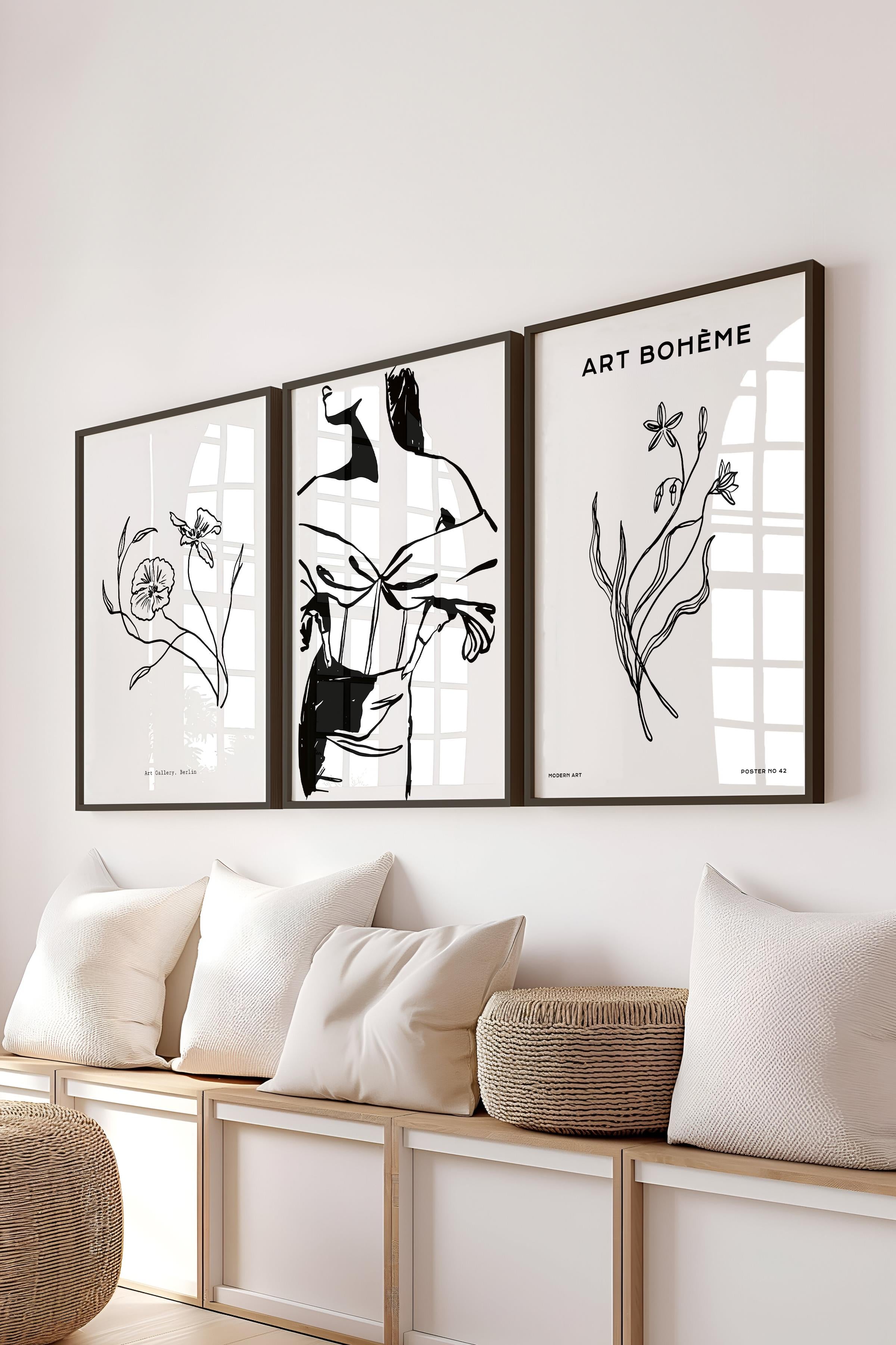 Çerçeveli Tablo Seti, 3 Adet Siyah Çerçeve ve Minimalist Çizim Temalı Poster Seti, No:300605