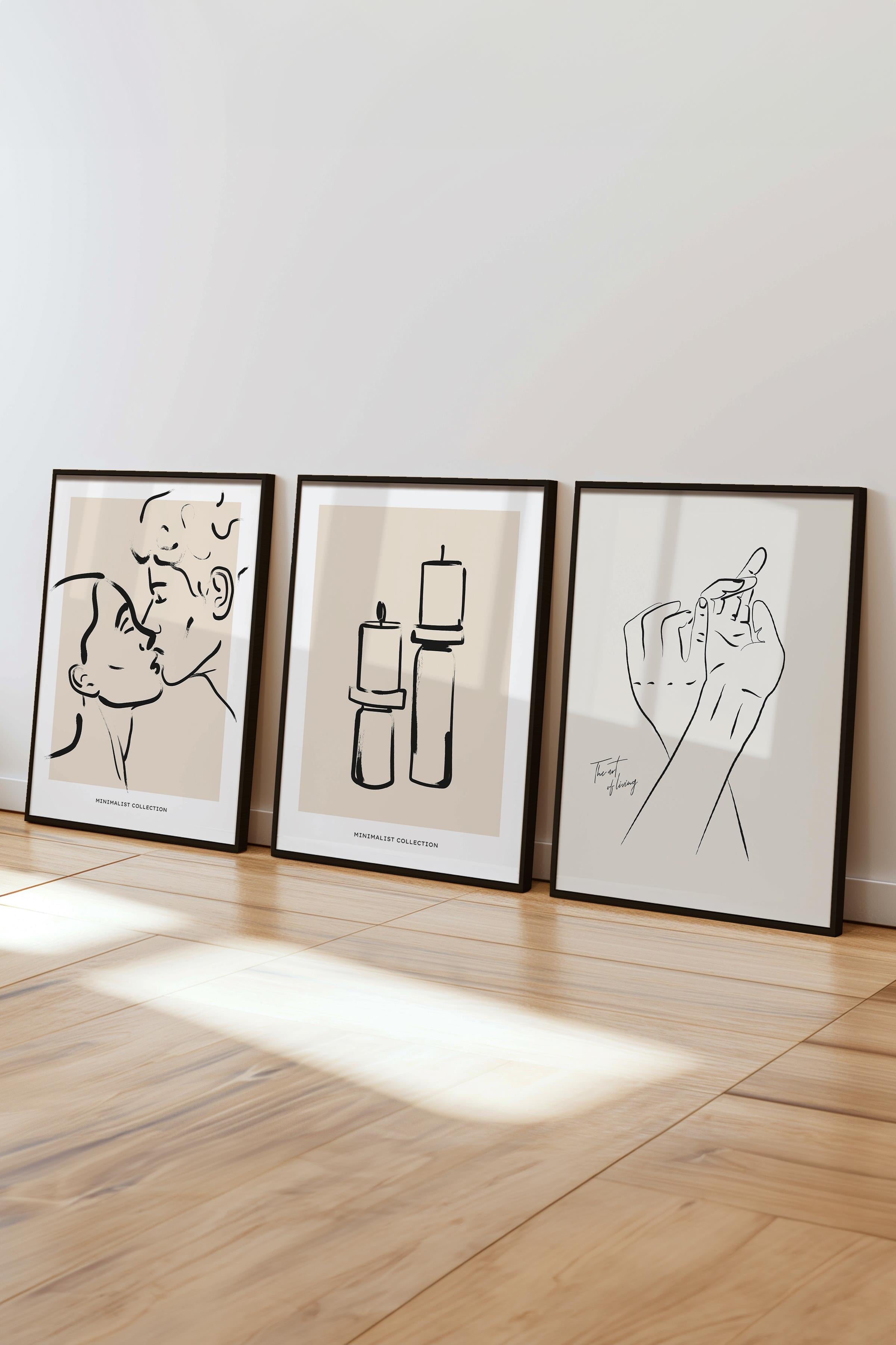 Çerçeveli Tablo Seti, 3 Adet Siyah Çerçeve ve Minimalist Çizim Temalı Poster Seti, No:300607