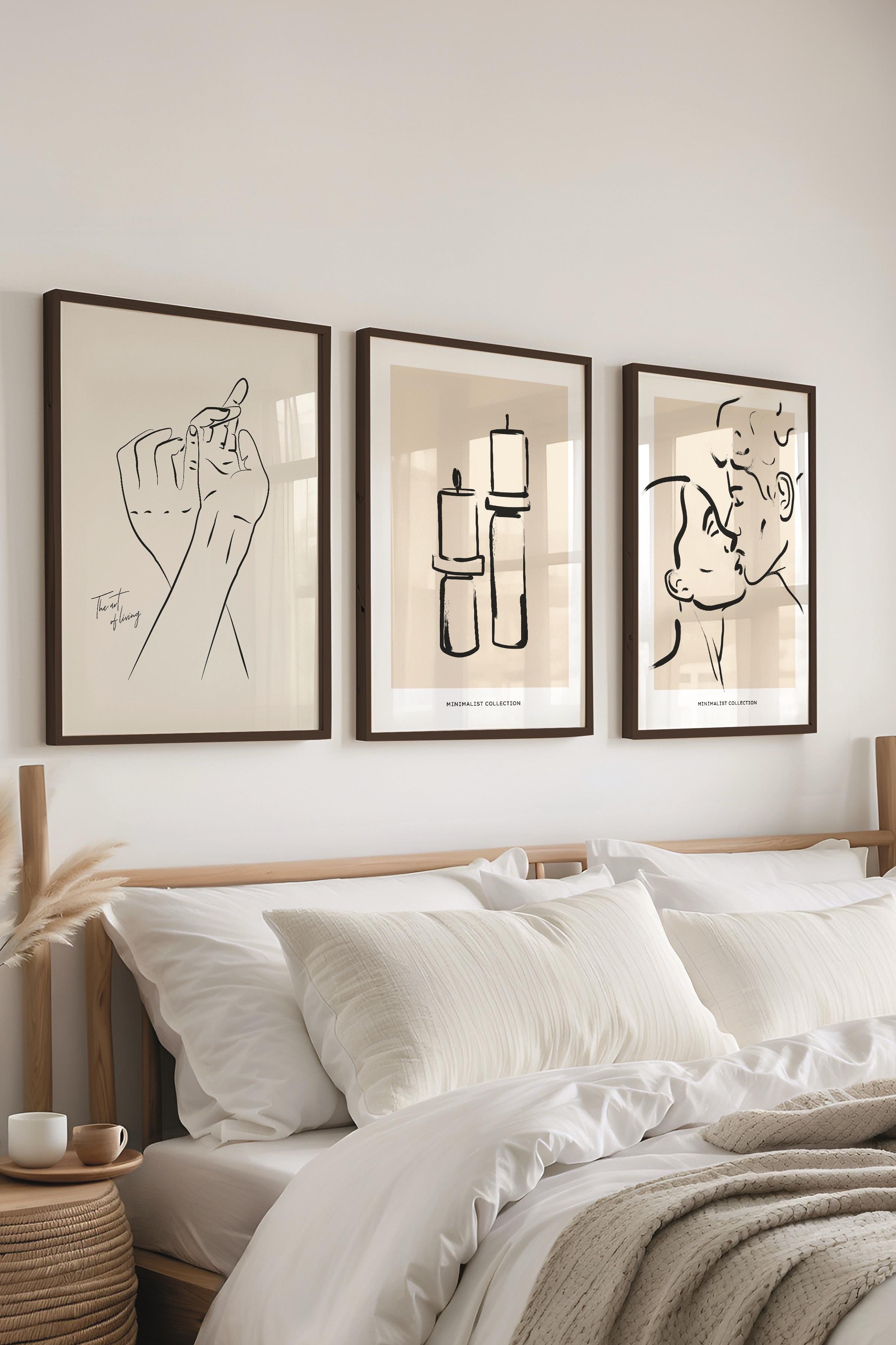 Çerçeveli Tablo Seti, 3 Adet Siyah Çerçeve ve Minimalist Çizim Temalı Poster Seti, No:300607