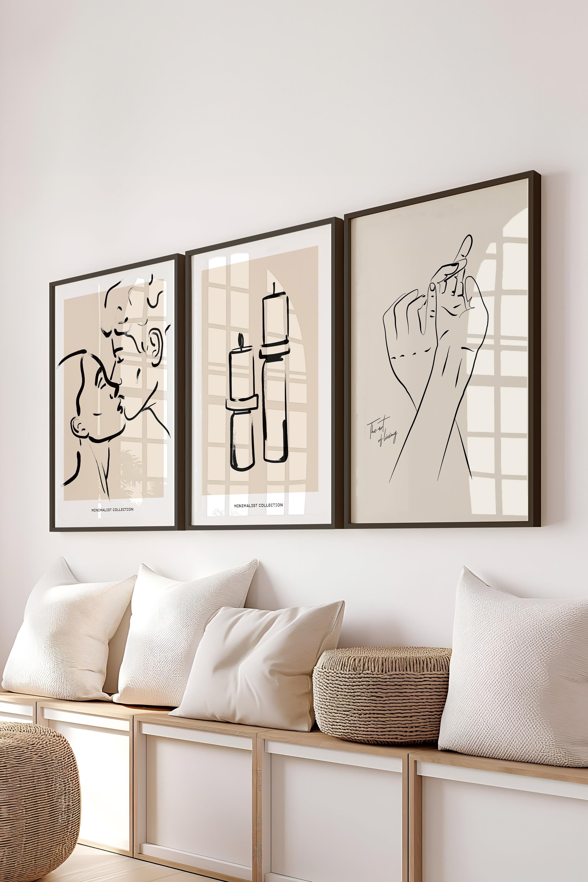 Çerçeveli Tablo Seti, 3 Adet Siyah Çerçeve ve Minimalist Çizim Temalı Poster Seti, No:300607